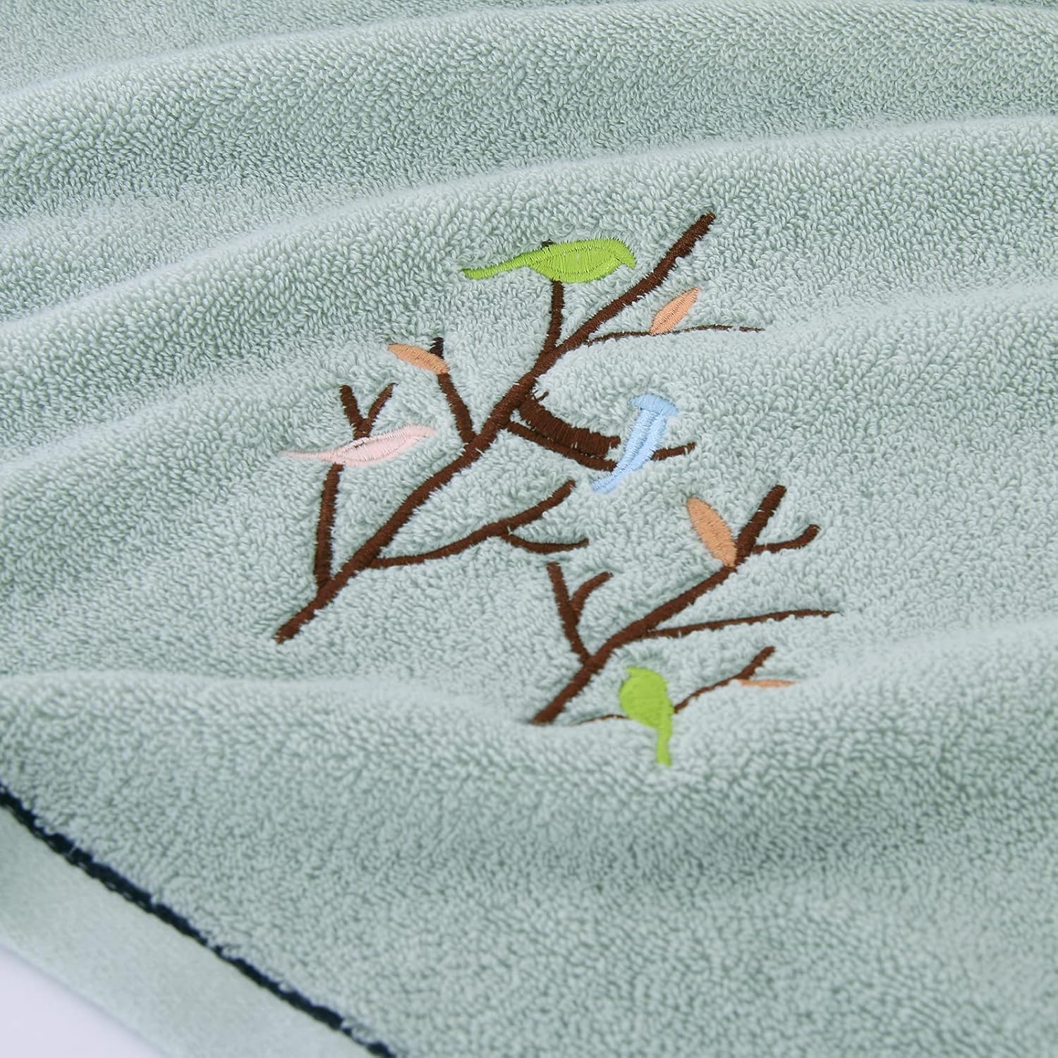 Pidada Hand Towels Set of 4 Embroidered Bird Tree Pattern 100% Cotton Absorbent Soft Decorative Towel for Bathroom (Aqua Green)