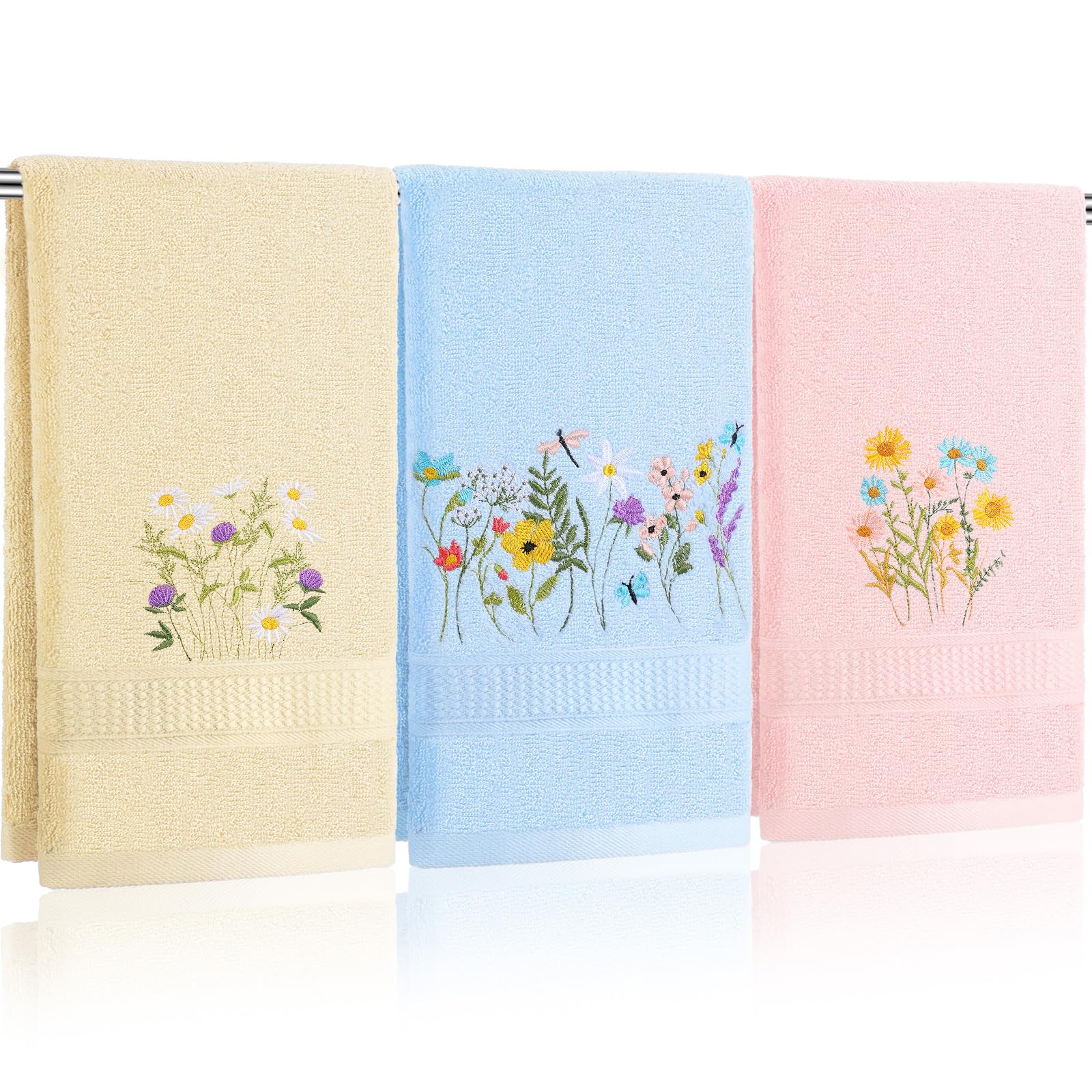 Wildflower Hand Towels Farmhouse Pink Blue Yellow Wildflower Bathroom Decor 14x29 Inch Embroidered Decorative Cute Spring Summer Cotton Soft Absorbent Towels for Bathroom Kitchen