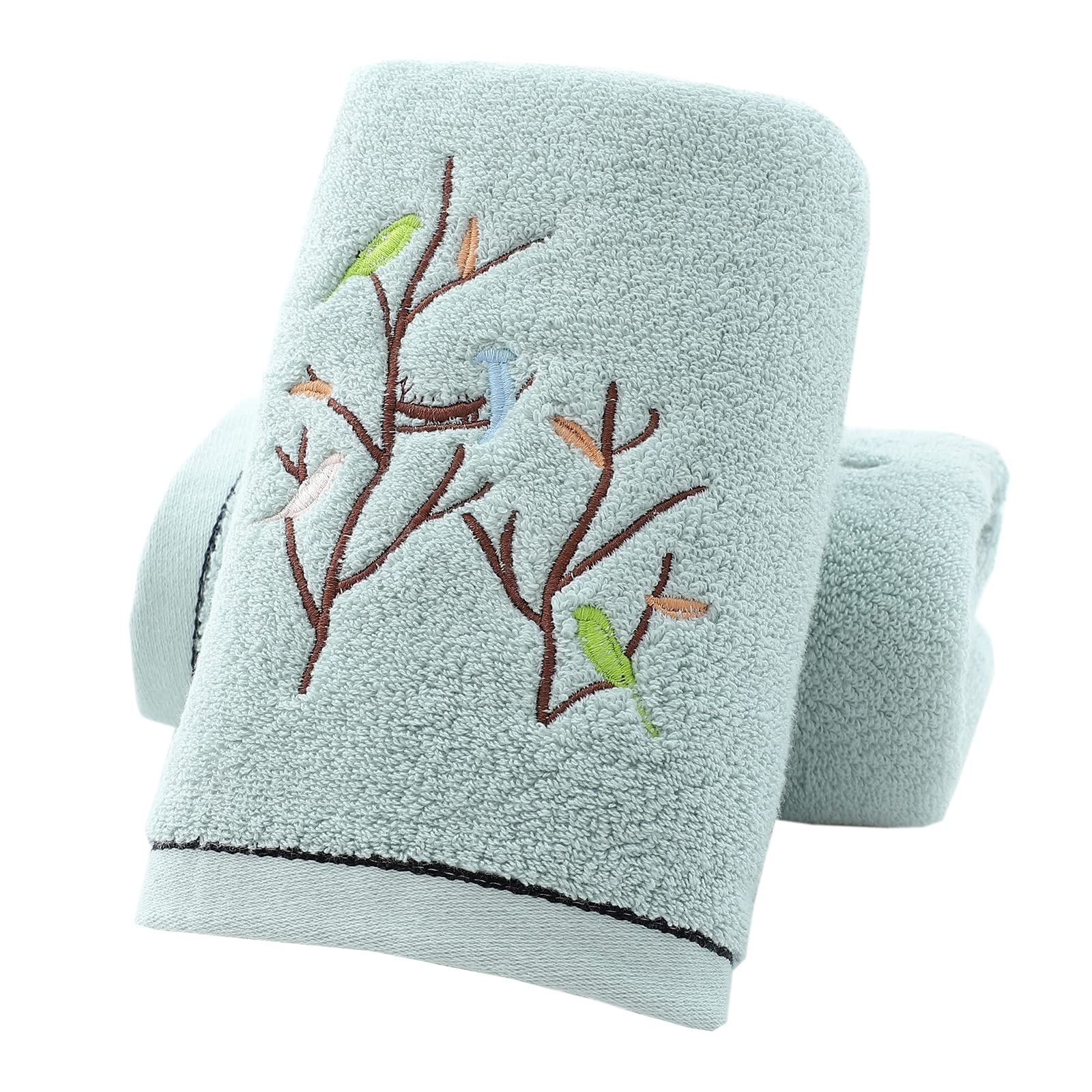 Pidada Hand Towels Set of 4 Embroidered Bird Tree Pattern 100% Cotton Absorbent Soft Decorative Towel for Bathroom (Aqua Green)