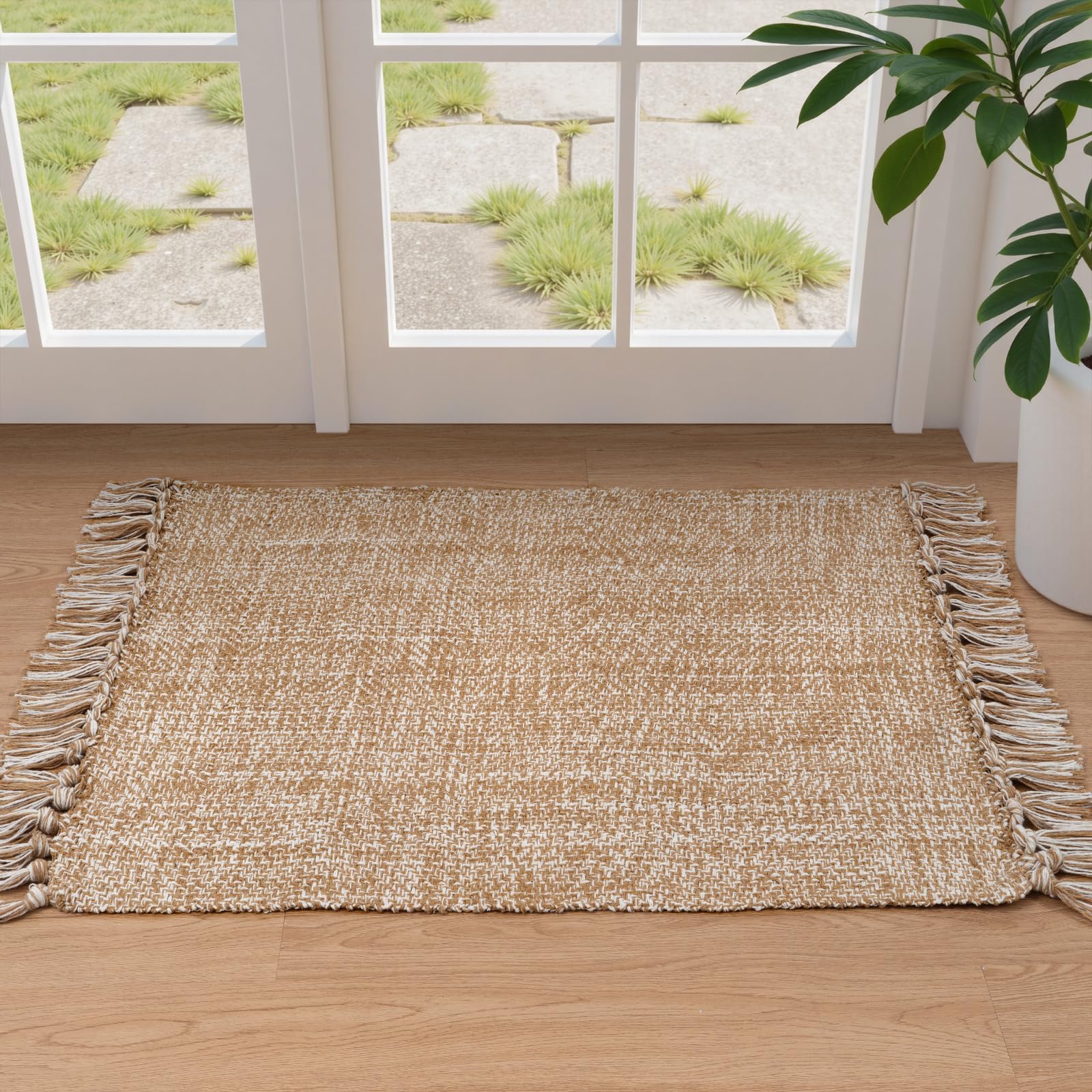 Collive Small Bathroom Rug, 2' x 3' Hand-Woven Low Profile Front Entryway Rug, Olive Green/Cream Cotton Reversible Washable Kitchen Mat Modern Farmhouse Carpet for Foyer Bedroom Back Door Decor
