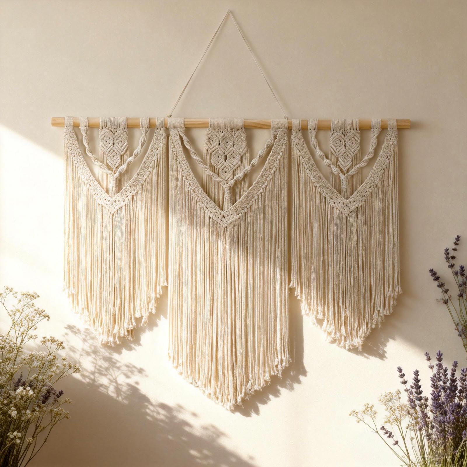 Tempospark Large Macrame Wall Hanging, 43" Wx32 L Boho Wall Hangings for Living Room Bedroom Nursery, Boho Chic Large Macrame Tapestry for Bedroom Wall Decor (Tassel)
