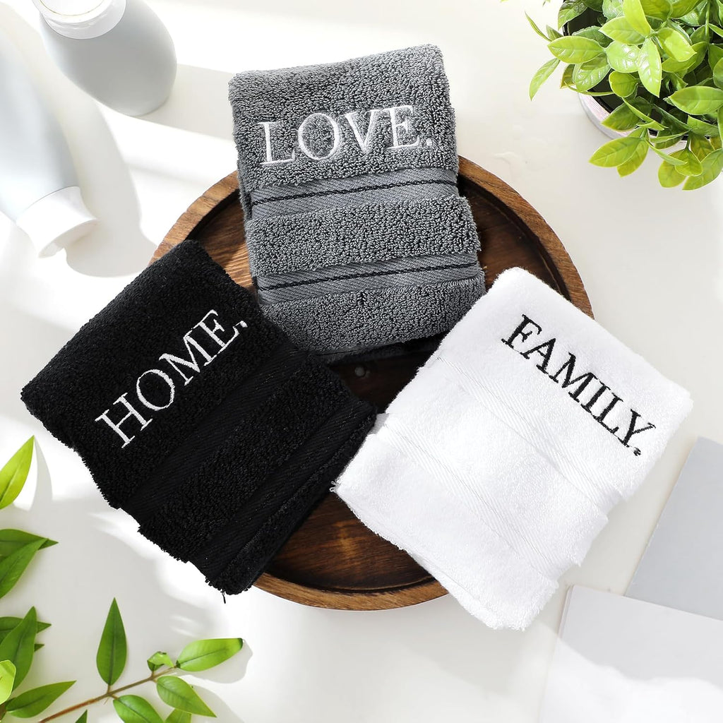 3 Pcs Farmhouse Decorative Hand Towels for Bathroom and Kitchen Rustic Embroidered Cotton Hand Towels Decorative Set for Boho Bathroom Decor(Black,Home Love Family)