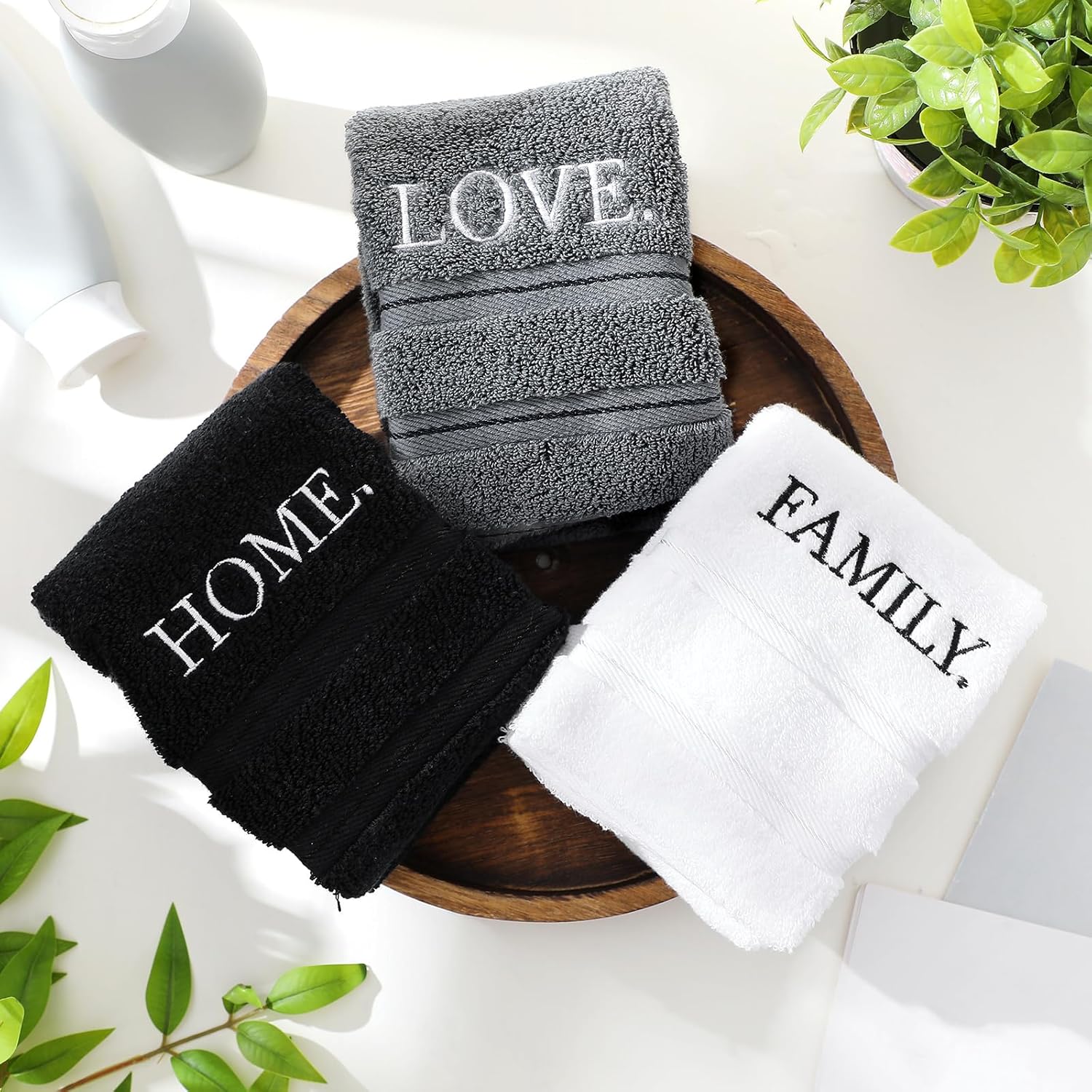 3 Pcs Farmhouse Decorative Hand Towels for Bathroom and Kitchen Rustic Embroidered Cotton Hand Towels Decorative Set for Boho Bathroom Decor(Black,Home Love Family)