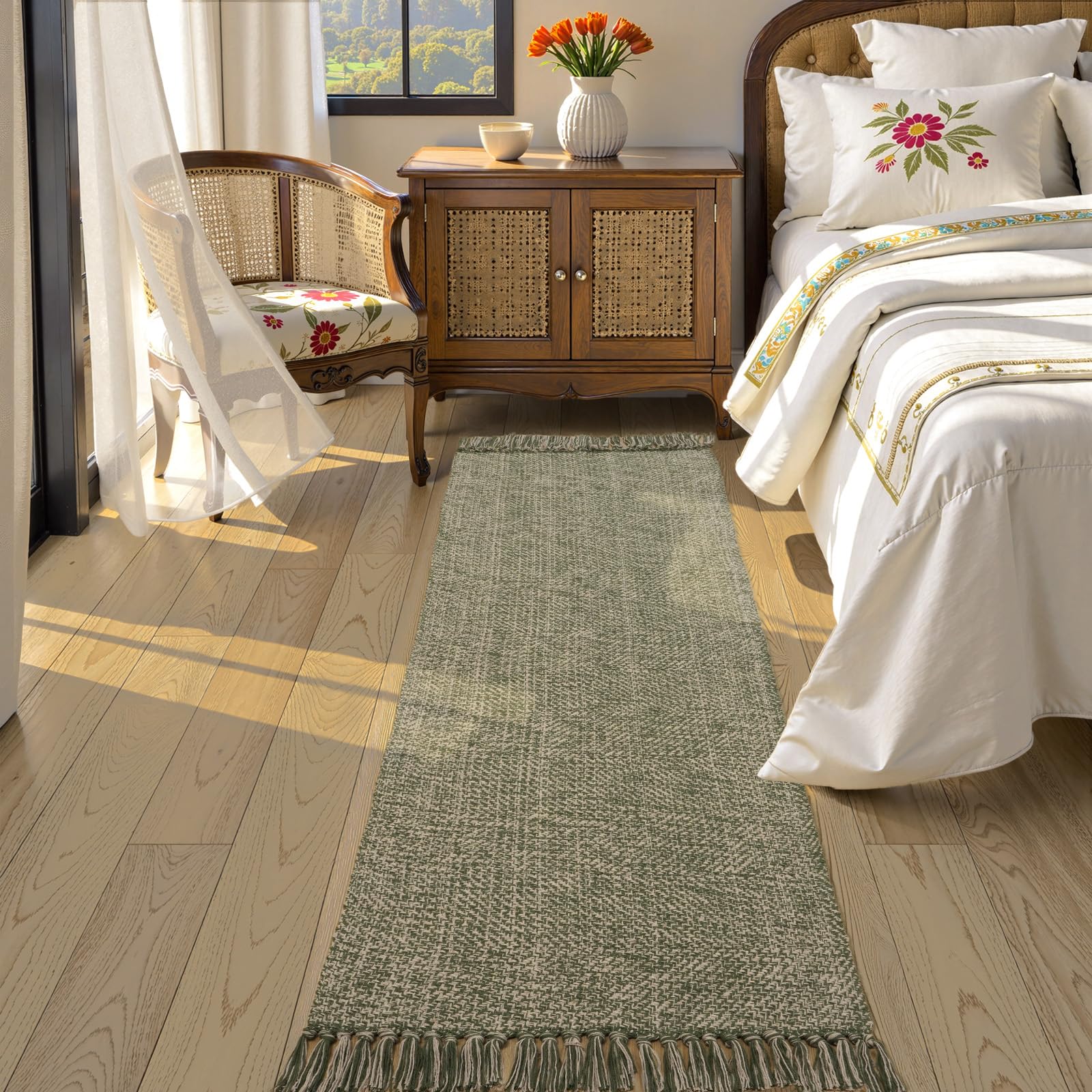 Collive Small Bathroom Rug, 2' x 3' Hand-Woven Low Profile Front Entryway Rug, Olive Green/Cream Cotton Reversible Washable Kitchen Mat Modern Farmhouse Carpet for Foyer Bedroom Back Door Decor