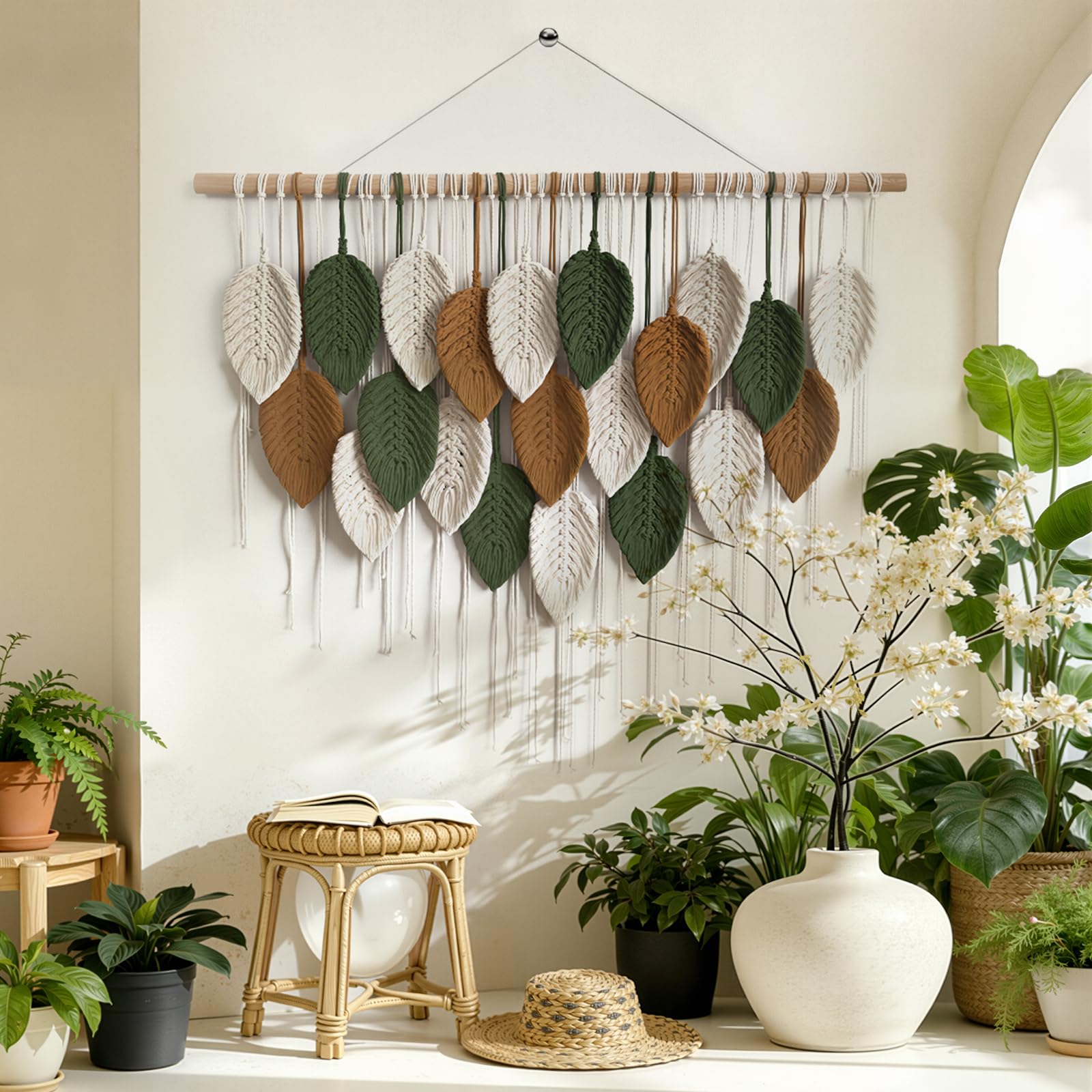 Macrame Wall Hanging, Woven Tapestry Beige & Dusty Rose Handmade Craft Macrame Wall Decor, Gallery & Nursery, Size 37.4” Lx27.5” W