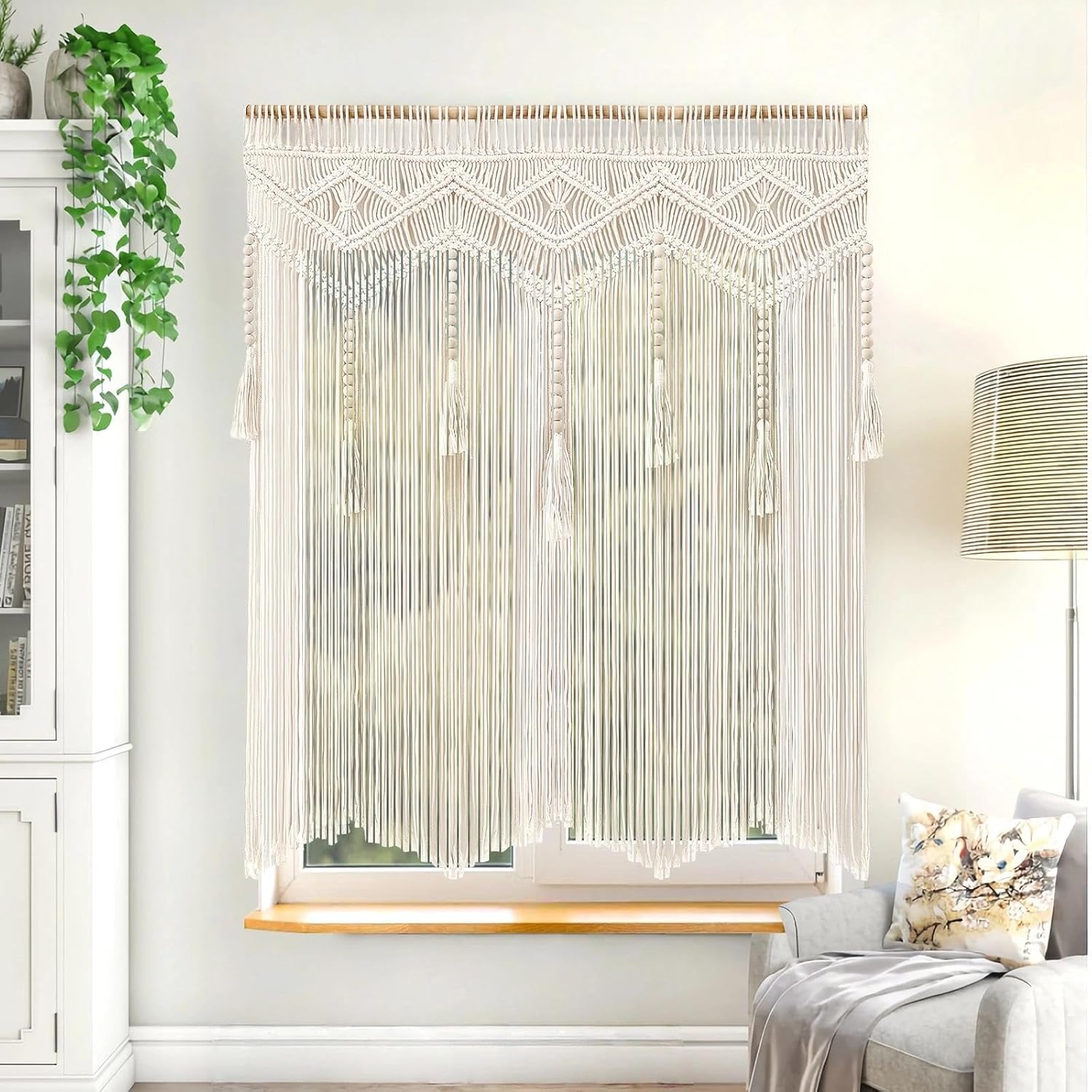 onaner Boho Wall Macrame Hanging with Wooden Rod,Boho Wall Hangings Woven Tapestry,Natural Cotton Handwoven Tapestry,Macrame Decor for Windows,Walls,and Above Bed Decor,36"x42"