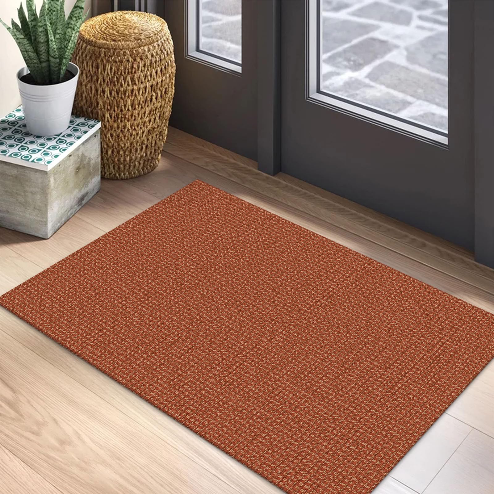 EARTHALL Woven Area Rug 2x3 Ft Washable Rugs for Entryway Braided Non Slip Throw Rugs Door Mat Indoor Outdoor Entrance Small Cotton Woven Carpet for Kitchen Foyer Front Door, Orange/Tan/Brown