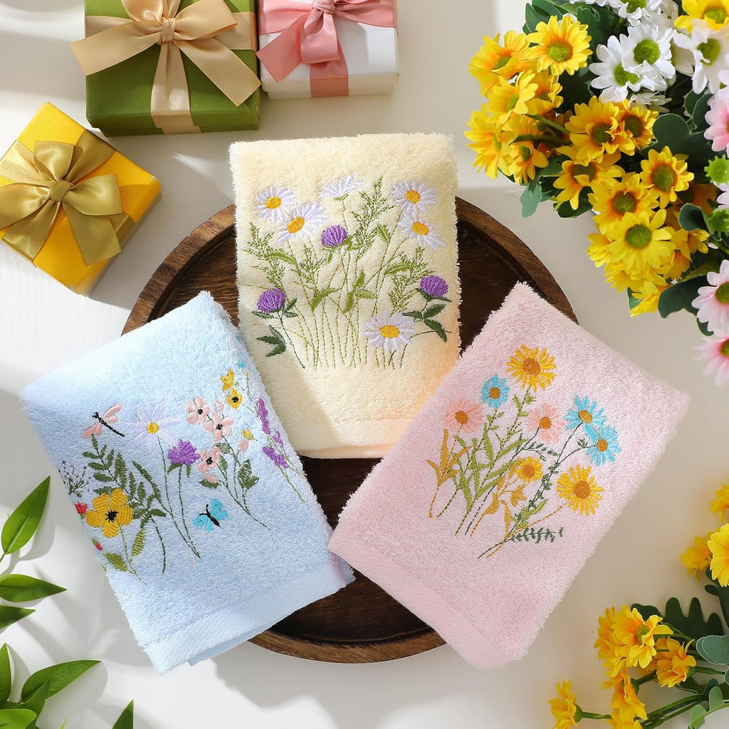 Wildflower Hand Towels Farmhouse Pink Blue Yellow Wildflower Bathroom Decor 14x29 Inch Embroidered Decorative Cute Spring Summer Cotton Soft Absorbent Towels for Bathroom Kitchen