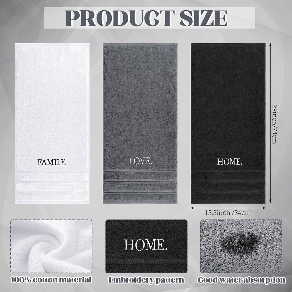 3 Pcs Farmhouse Decorative Hand Towels for Bathroom and Kitchen Rustic Embroidered Cotton Hand Towels Decorative Set for Boho Bathroom Decor(Black,Home Love Family)