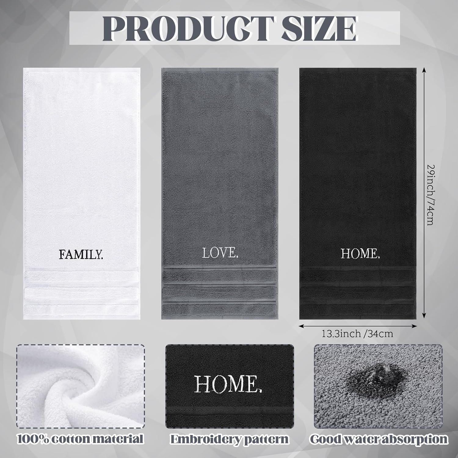 3 Pcs Farmhouse Decorative Hand Towels for Bathroom and Kitchen Rustic Embroidered Cotton Hand Towels Decorative Set for Boho Bathroom Decor(Black,Home Love Family)