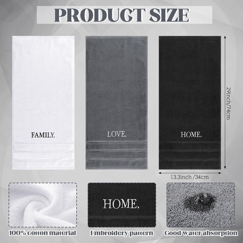 3 Pcs Farmhouse Decorative Hand Towels for Bathroom and Kitchen Rustic Embroidered Cotton Hand Towels Decorative Set for Boho Bathroom Decor(Black,Home Love Family)