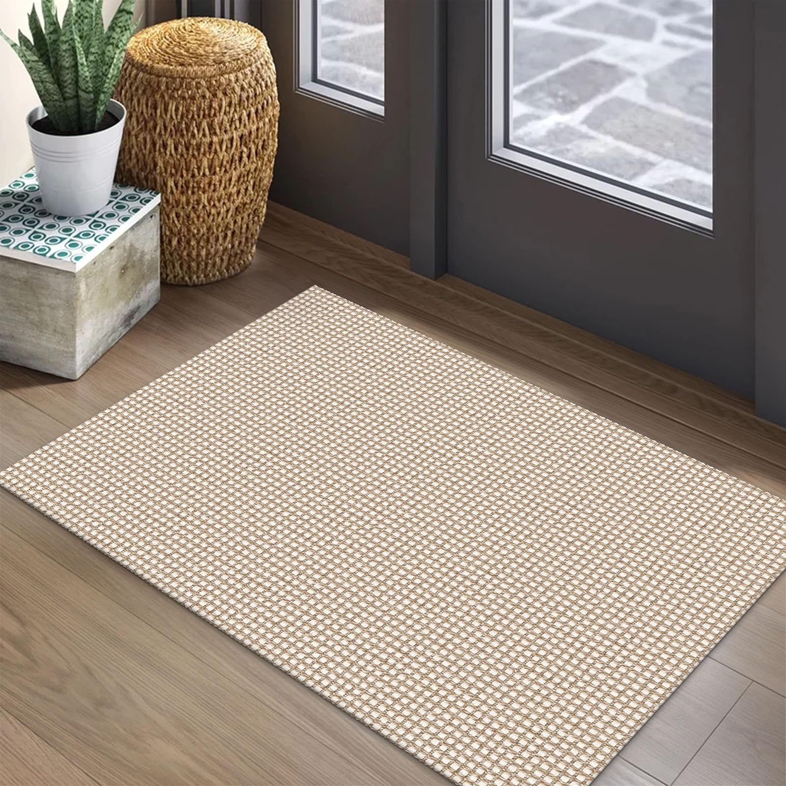 EARTHALL Woven Area Rug 2x3 Ft Washable Rugs for Entryway Braided Non Slip Throw Rugs Door Mat Indoor Outdoor Entrance Small Cotton Woven Carpet for Kitchen Foyer Front Door, Orange/Tan/Brown