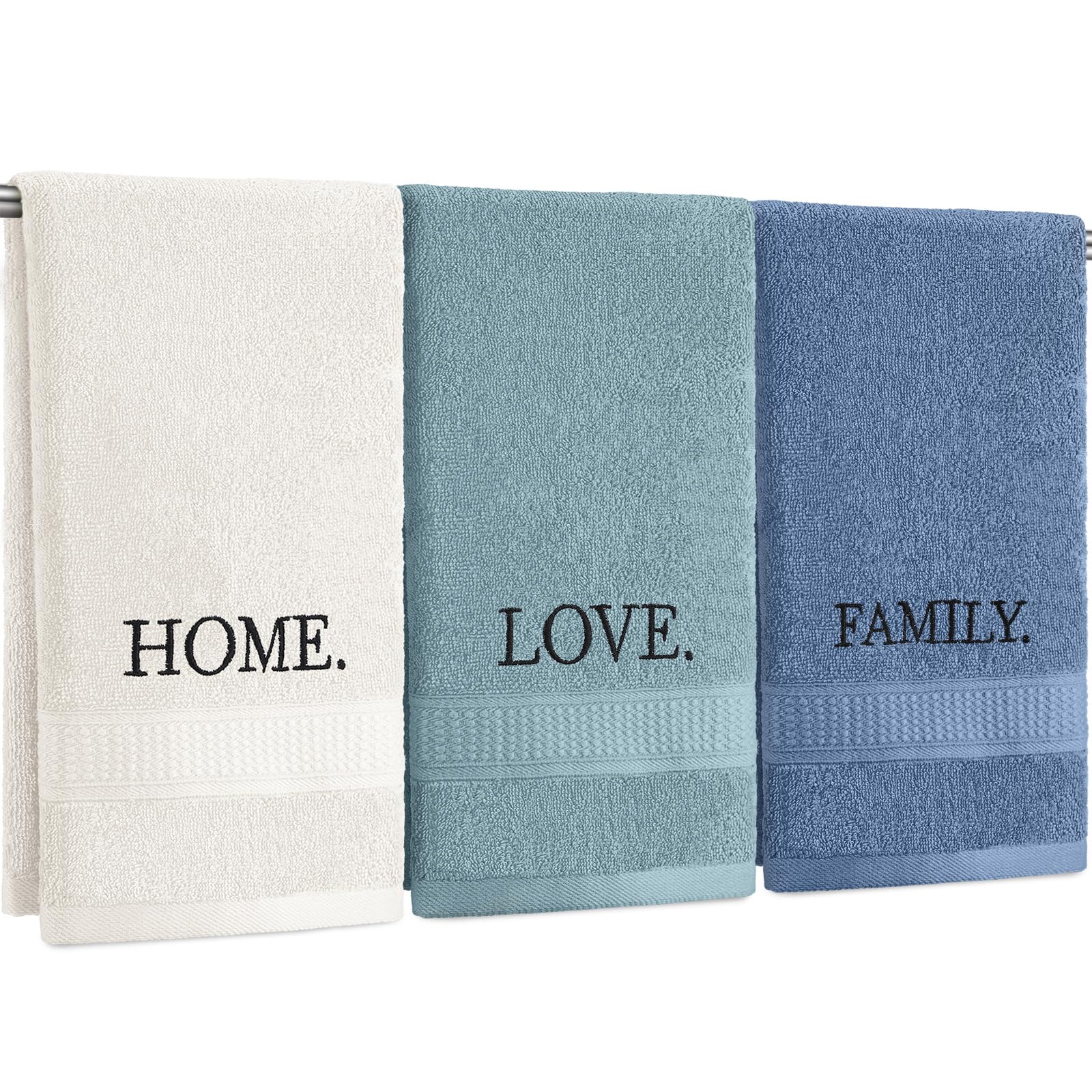 3 Pcs Farmhouse Decorative Hand Towels for Bathroom and Kitchen Rustic Embroidered Cotton Hand Towels Decorative Set for Boho Bathroom Decor(Black,Home Love Family)