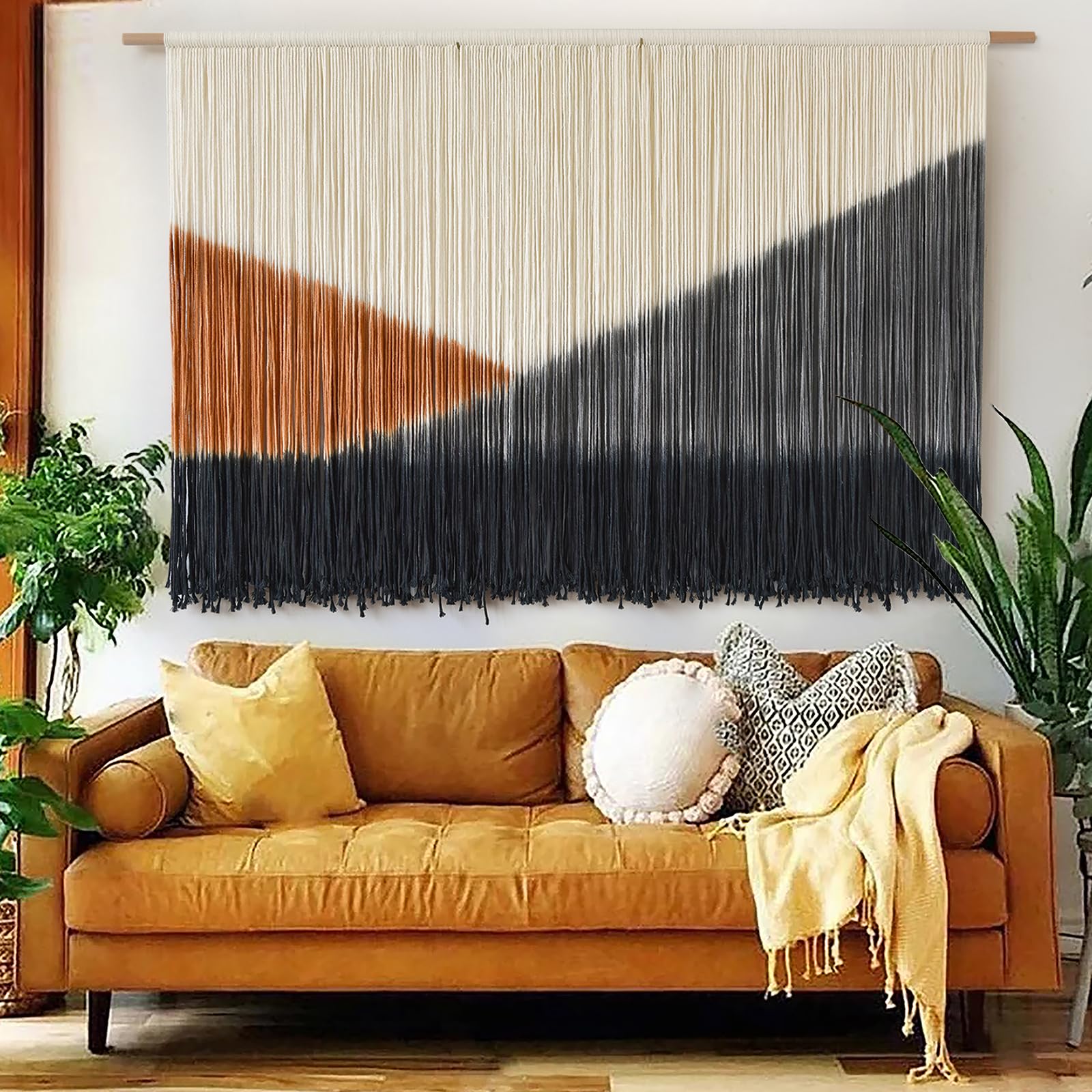 Flber Large Macrame Wall Hanging – Boho Yarn Art Garland with Tassels and Beads, Handmade Rope Decor for Nursery, Party, Wedding, Bedroom, Fireplace Mantel, or Photo Backdrop 57" W x 41" L