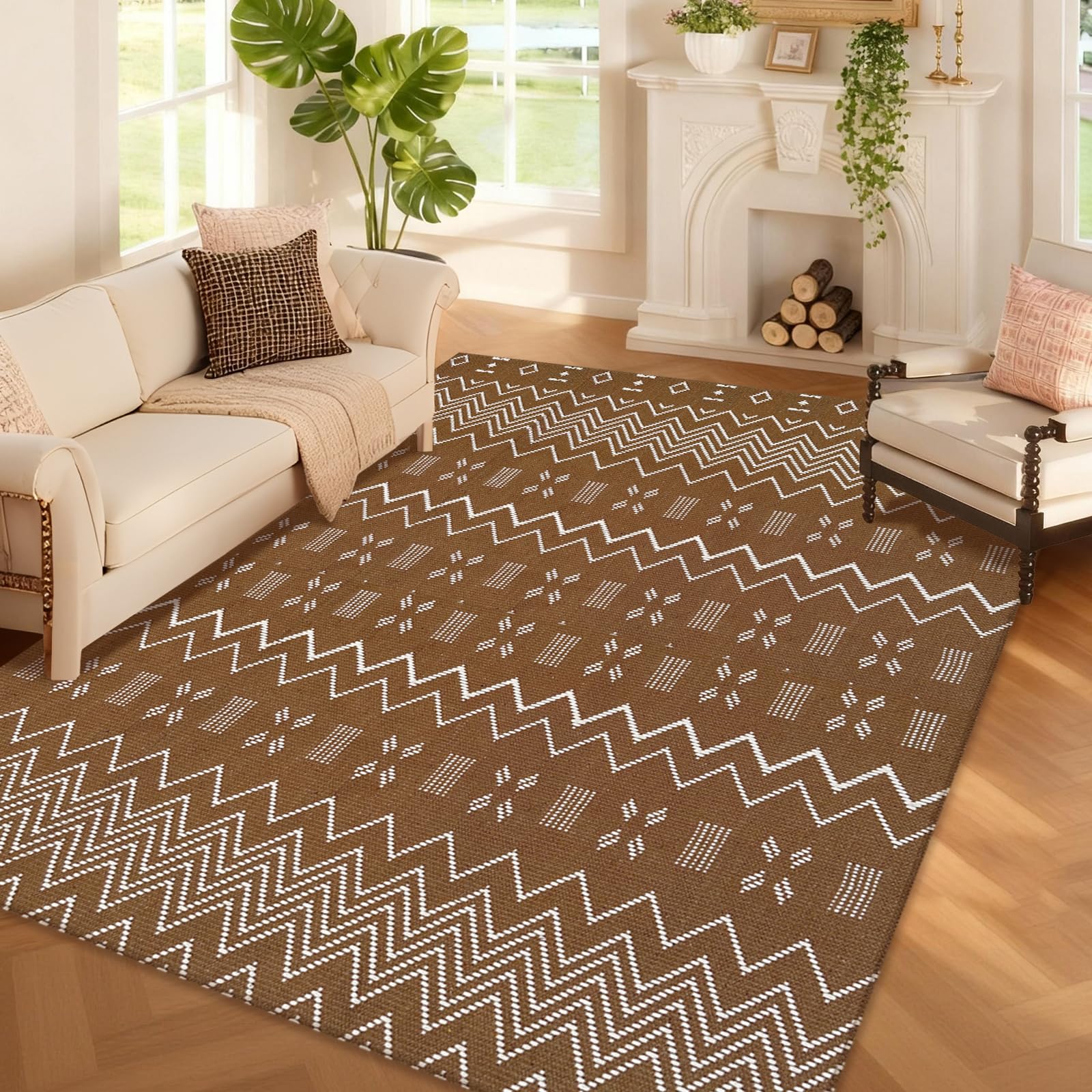 Entryway Rug,Indoor Door Mat 2x3 ft Small Area Rugs,Boho Style Braided Rug,Neutral Solid Rugs,Entrance Doormat for Front Porch,Bathroom,Kitchen,Bedroom,Tan Brown