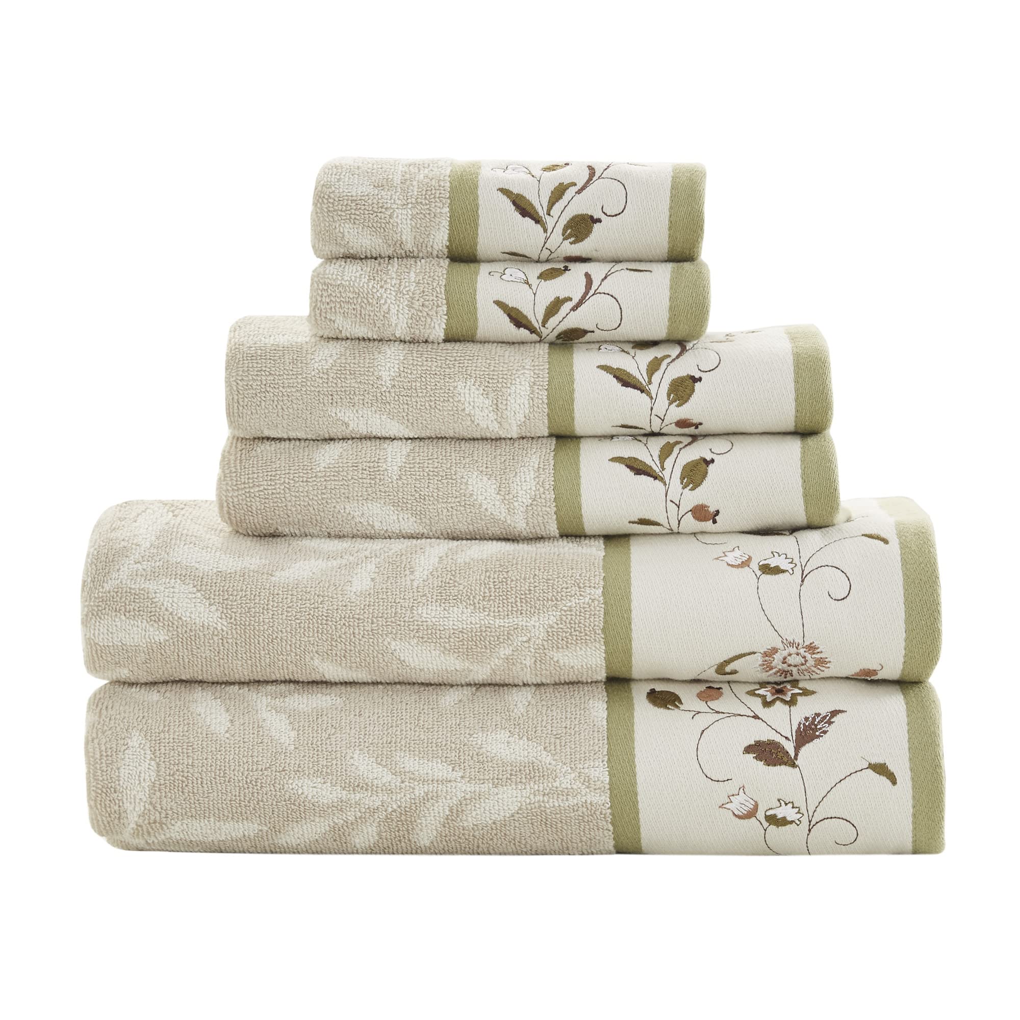 Madison Park Serene 100% Cotton Bath Towel Set Luxurious Floral Decorative Towels for Bathroom Embroidered Cotton Jacquard Design Soft Highly Absorbent for Shower 600 GSM, Multi-Sizes, Green 6 Piece