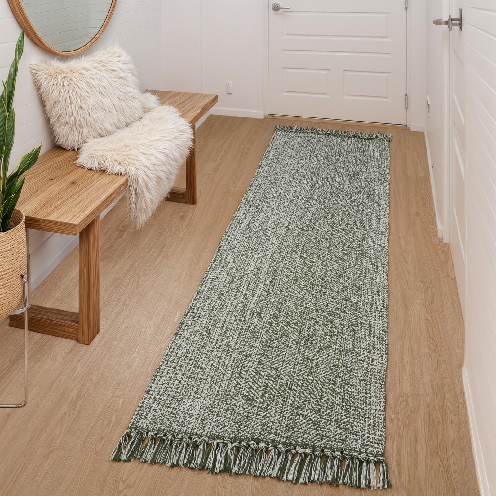 Collive Small Bathroom Rug, 2' x 3' Hand-Woven Low Profile Front Entryway Rug, Olive Green/Cream Cotton Reversible Washable Kitchen Mat Modern Farmhouse Carpet for Foyer Bedroom Back Door Decor