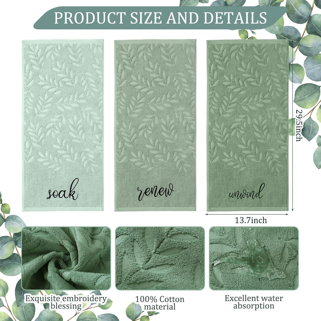 Moukeren 3 Pcs Sage Green Hand Towels for Bathroom 100% Cotton Jacquard Embroidered Soak Unwind Breathe Bath Towels Bathroom Spa Kitchen Dishcloth Gift Set Farmhouse Decorations(Green Leaves)