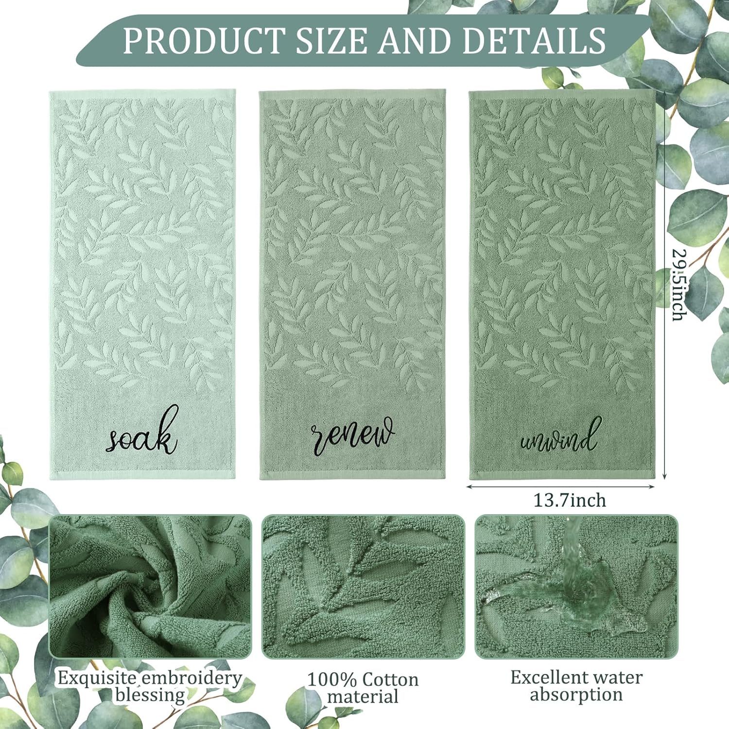 Moukeren 3 Pcs Sage Green Hand Towels for Bathroom 100% Cotton Jacquard Embroidered Soak Unwind Breathe Bath Towels Bathroom Spa Kitchen Dishcloth Gift Set Farmhouse Decorations(Green Leaves)