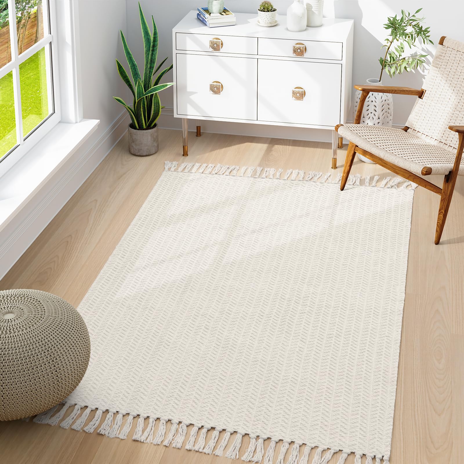 Lahome Belle Boho Entryway Rug, 3x5 Rugs for Bedroom Lightweight Washable Throw Rug Woven Cotton Bathroom Carpet with Tassels, Farmhouse Black and White Rugs for Living Room Kitchen Office Dorm