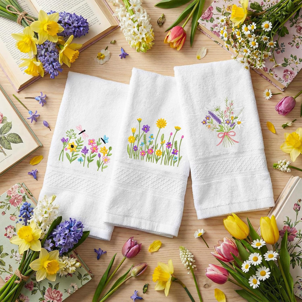 3 Pcs Hand Towels for Bathroom Embroidered Cotton Kitchen Towels 13.3" x 29.5" Decors Gift(White,Spring Flowers)