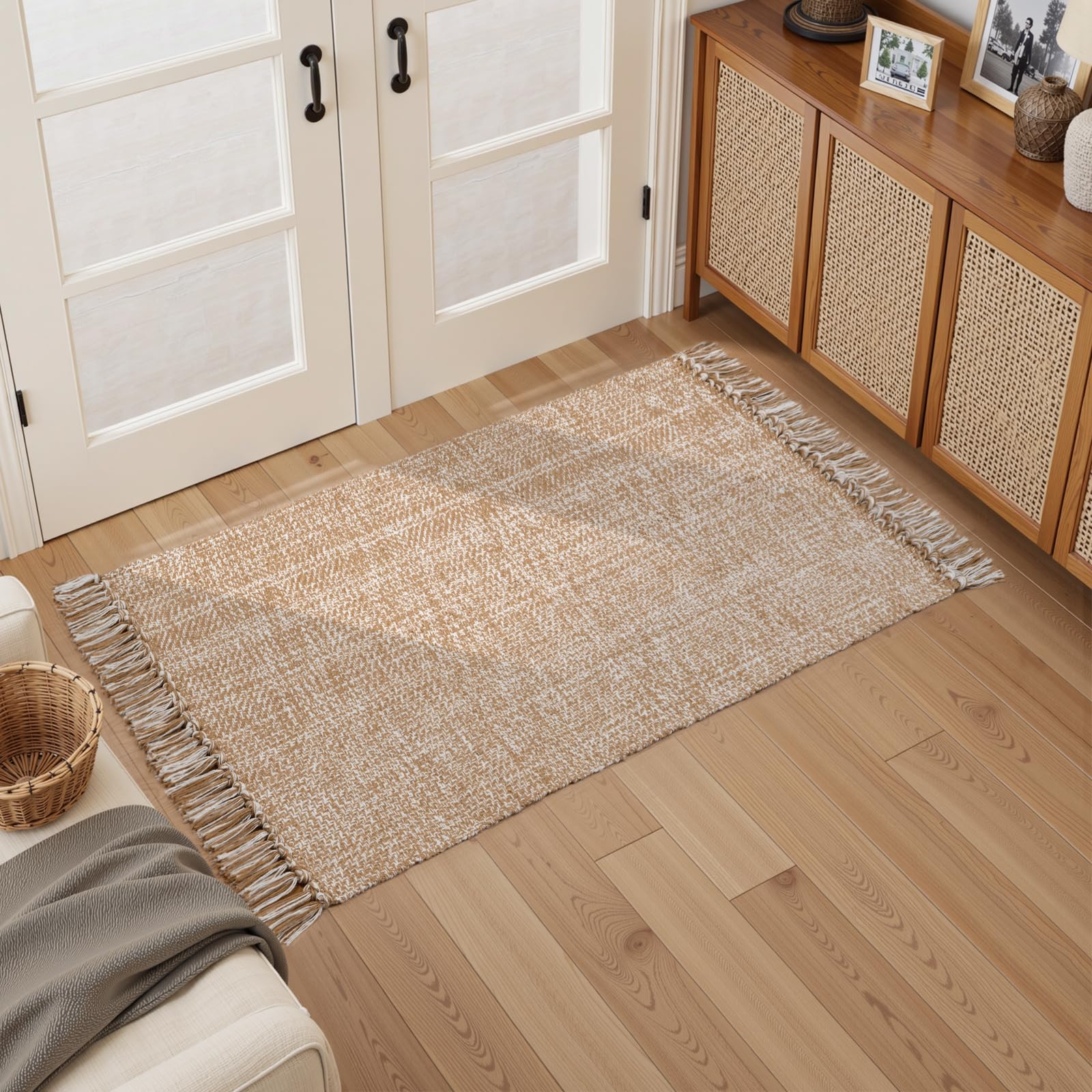 Collive Small Bathroom Rug, 2' x 3' Hand-Woven Low Profile Front Entryway Rug, Olive Green/Cream Cotton Reversible Washable Kitchen Mat Modern Farmhouse Carpet for Foyer Bedroom Back Door Decor