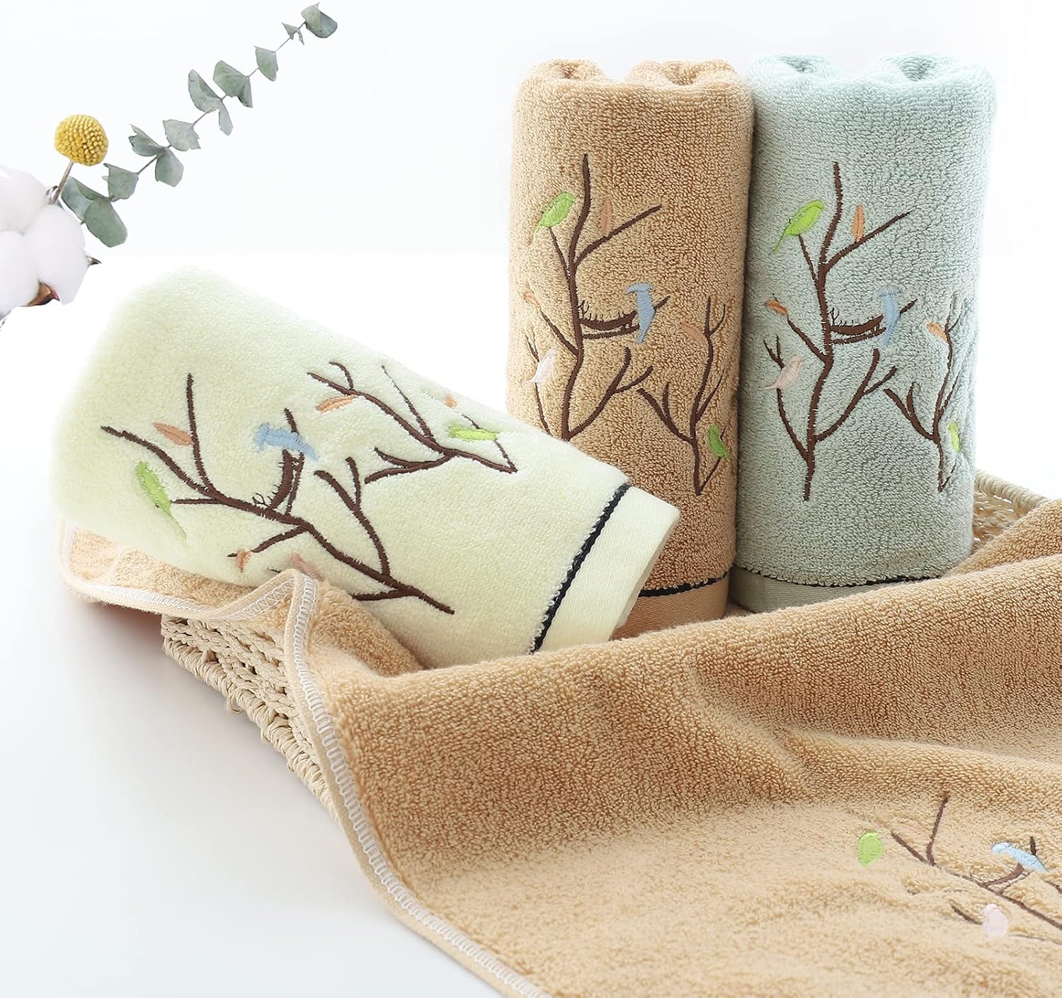 Pidada Hand Towels Set of 4 Embroidered Bird Tree Pattern 100% Cotton Absorbent Soft Decorative Towel for Bathroom (Aqua Green)