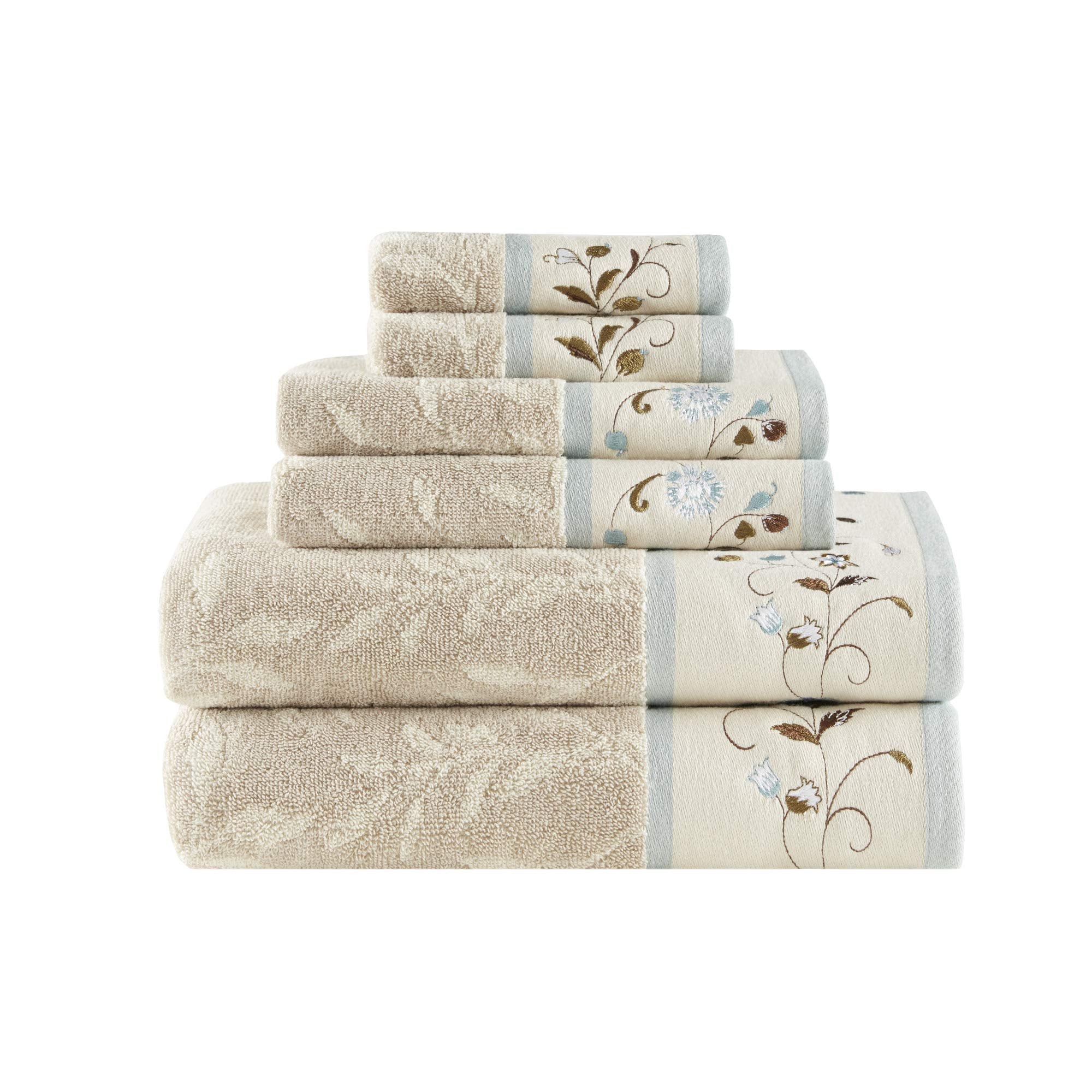 Madison Park Serene 100% Cotton Bath Towel Set Luxurious Floral Decorative Towels for Bathroom Embroidered Cotton Jacquard Design Soft Highly Absorbent for Shower 600 GSM, Multi-Sizes, Green 6 Piece