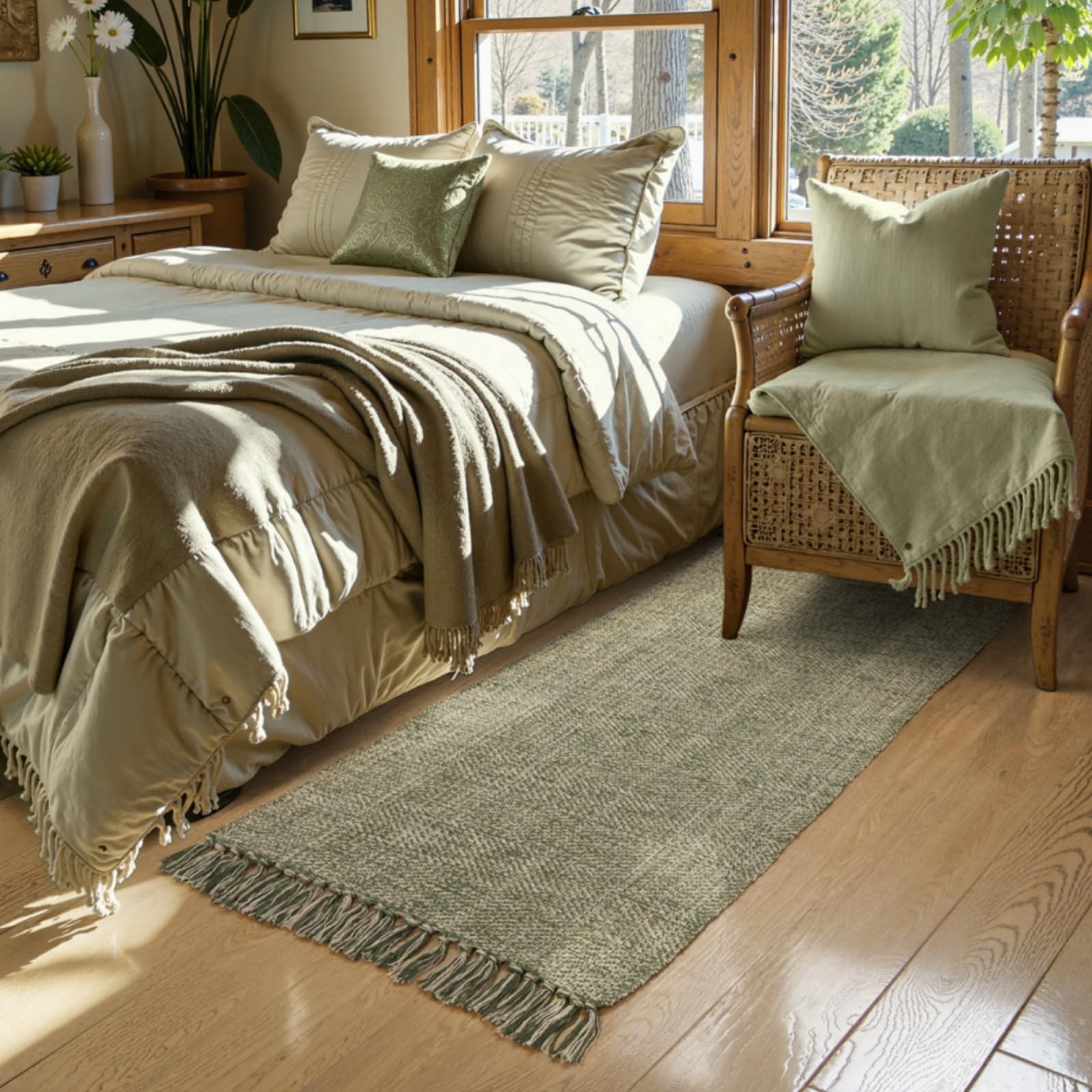 Collive Small Bathroom Rug, 2' x 3' Hand-Woven Low Profile Front Entryway Rug, Olive Green/Cream Cotton Reversible Washable Kitchen Mat Modern Farmhouse Carpet for Foyer Bedroom Back Door Decor