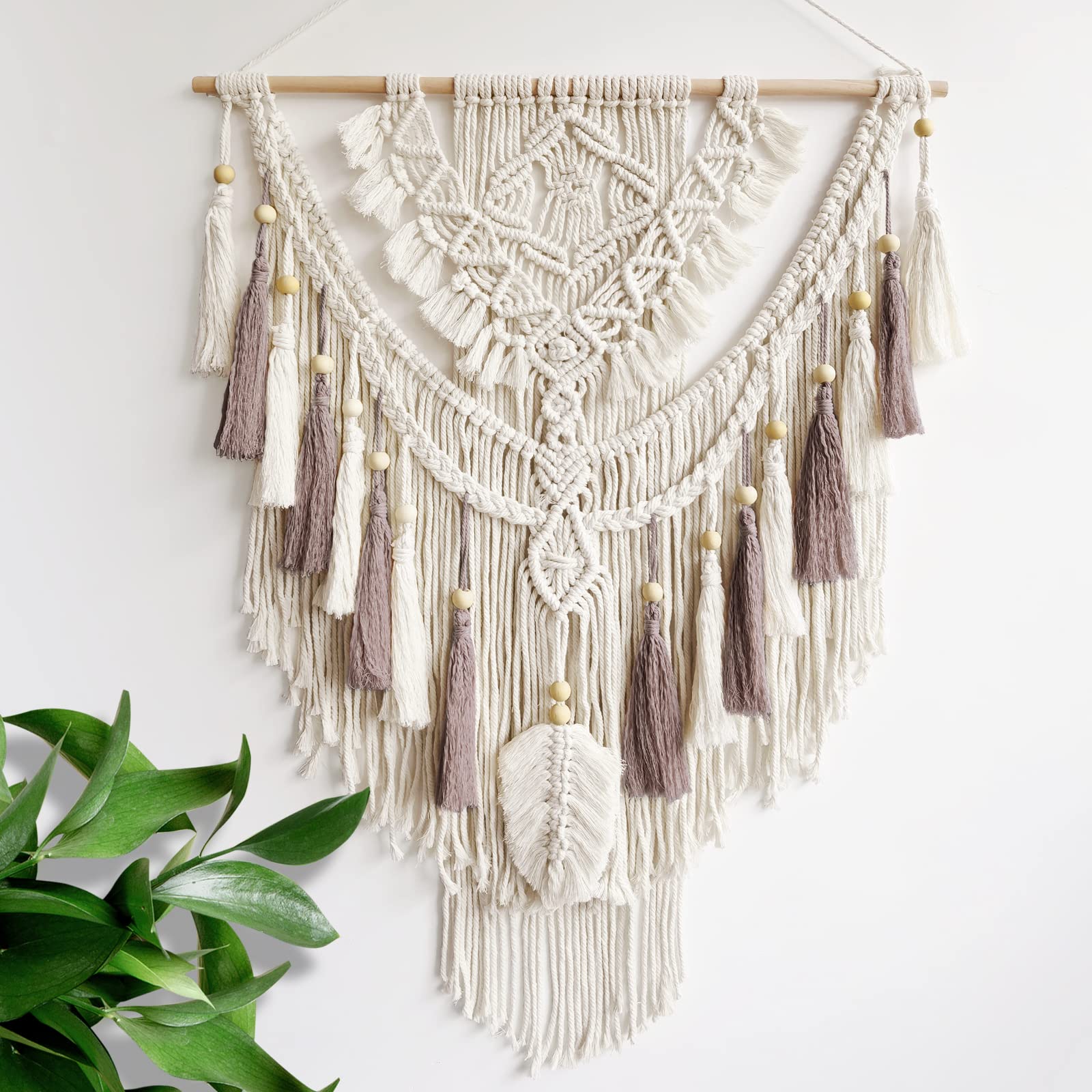 Macrame Wall Hanging, Woven Tapestry Beige & Dusty Rose Handmade Craft Macrame Wall Decor, Gallery & Nursery, Size 37.4” Lx27.5” W