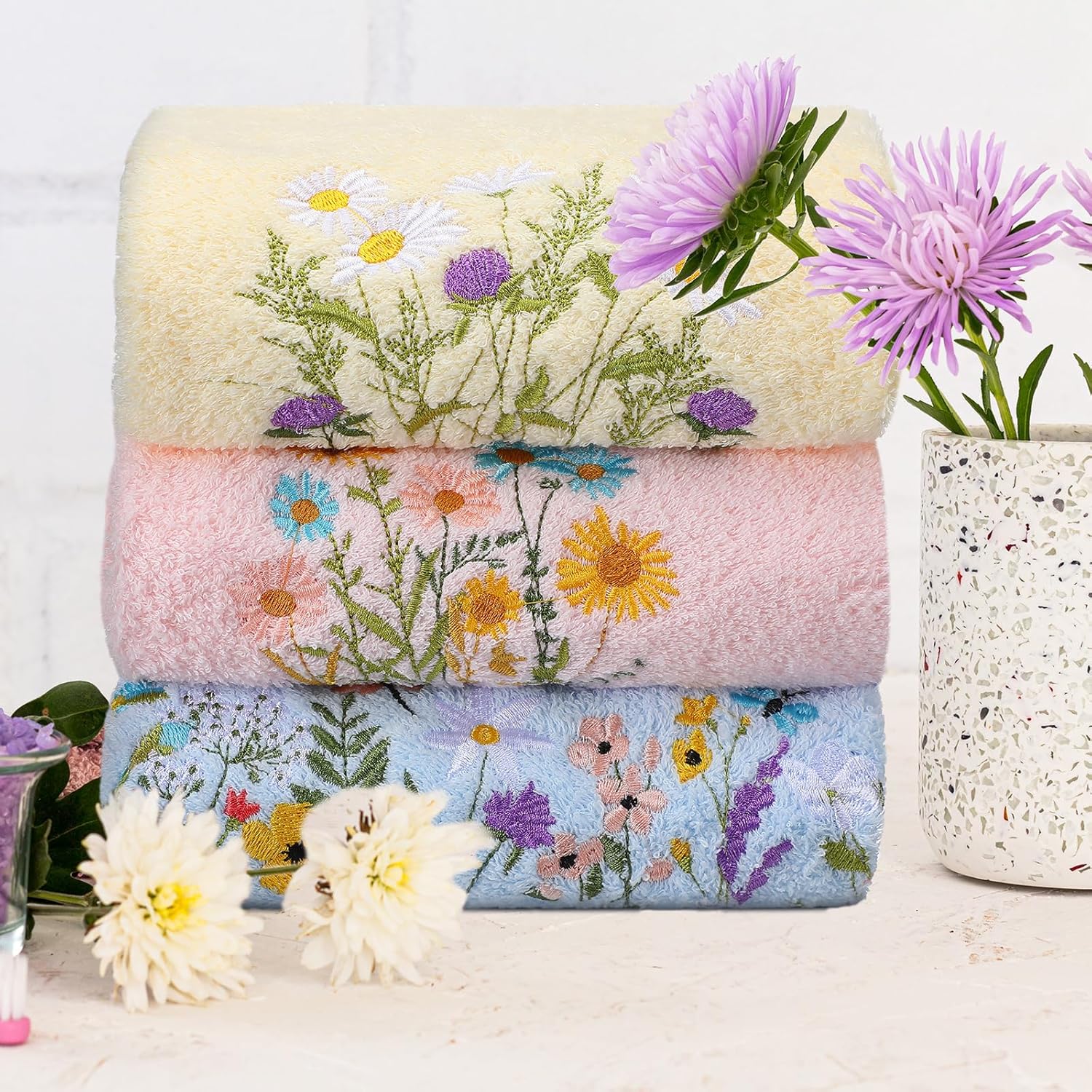 Wildflower Hand Towels Farmhouse Pink Blue Yellow Wildflower Bathroom Decor 14x29 Inch Embroidered Decorative Cute Spring Summer Cotton Soft Absorbent Towels for Bathroom Kitchen