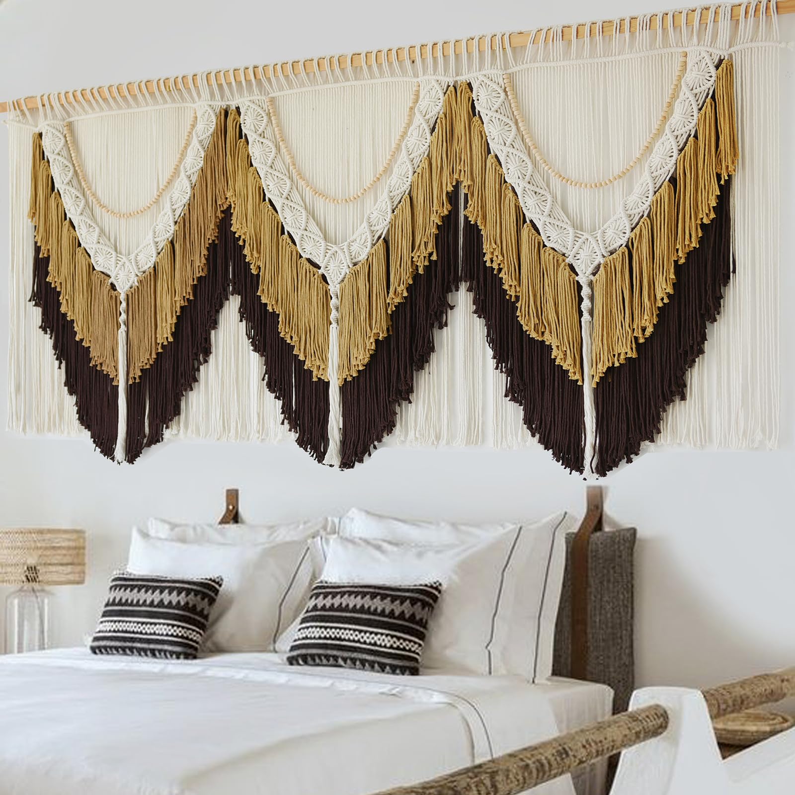 IOWER Boho Woven Wall Hanging Handwoven Brown and White Geometric Tapestry Handmade Macrame Decor for Modern Bedroom Living Room Apartment Office Home 47" W x 35" L