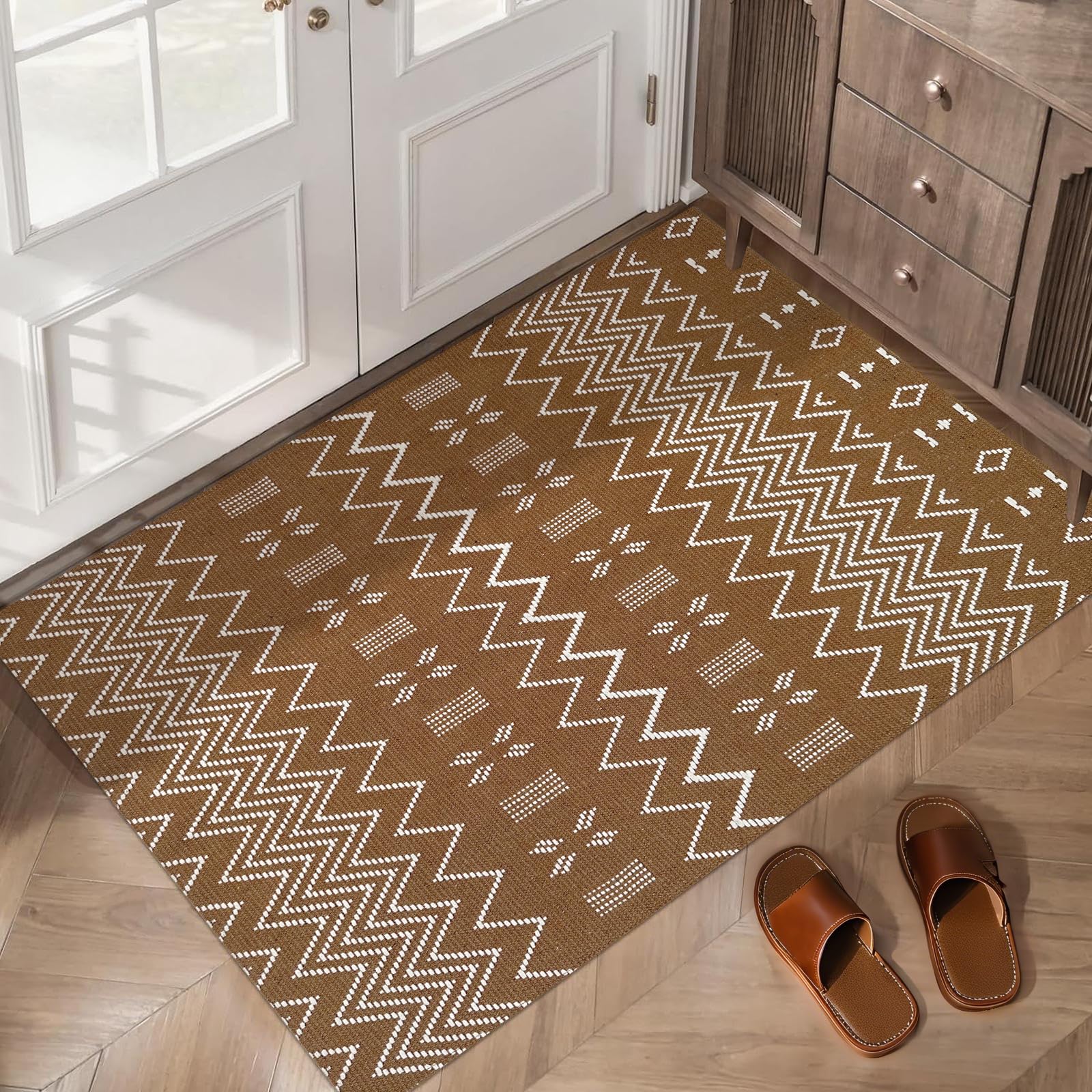 Entryway Rug,Indoor Door Mat 2x3 ft Small Area Rugs,Boho Style Braided Rug,Neutral Solid Rugs,Entrance Doormat for Front Porch,Bathroom,Kitchen,Bedroom,Tan Brown