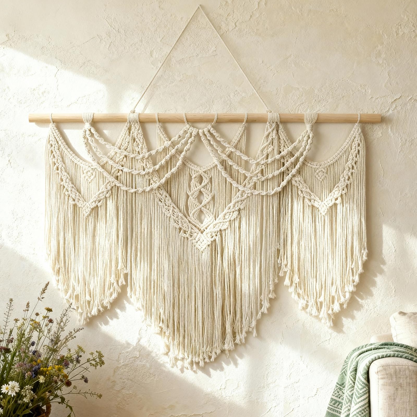 Tempospark Large Macrame Wall Hanging, 43" Wx32 L Boho Wall Hangings for Living Room Bedroom Nursery, Boho Chic Large Macrame Tapestry for Bedroom Wall Decor (Tassel)