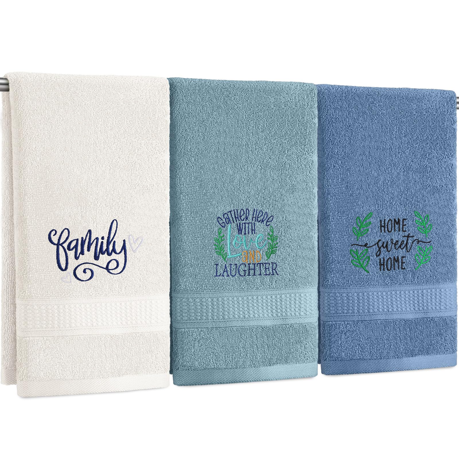 3 Pcs Farmhouse Decorative Hand Towels for Bathroom and Kitchen Rustic Embroidered Cotton Hand Towels Decorative Set for Boho Bathroom Decor(Black,Home Love Family)