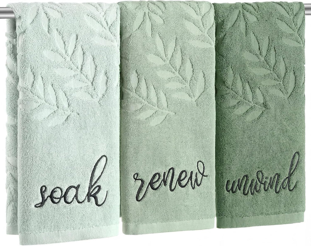 Moukeren 3 Pcs Sage Green Hand Towels for Bathroom 100% Cotton Jacquard Embroidered Soak Unwind Breathe Bath Towels Bathroom Spa Kitchen Dishcloth Gift Set Farmhouse Decorations(Green Leaves)