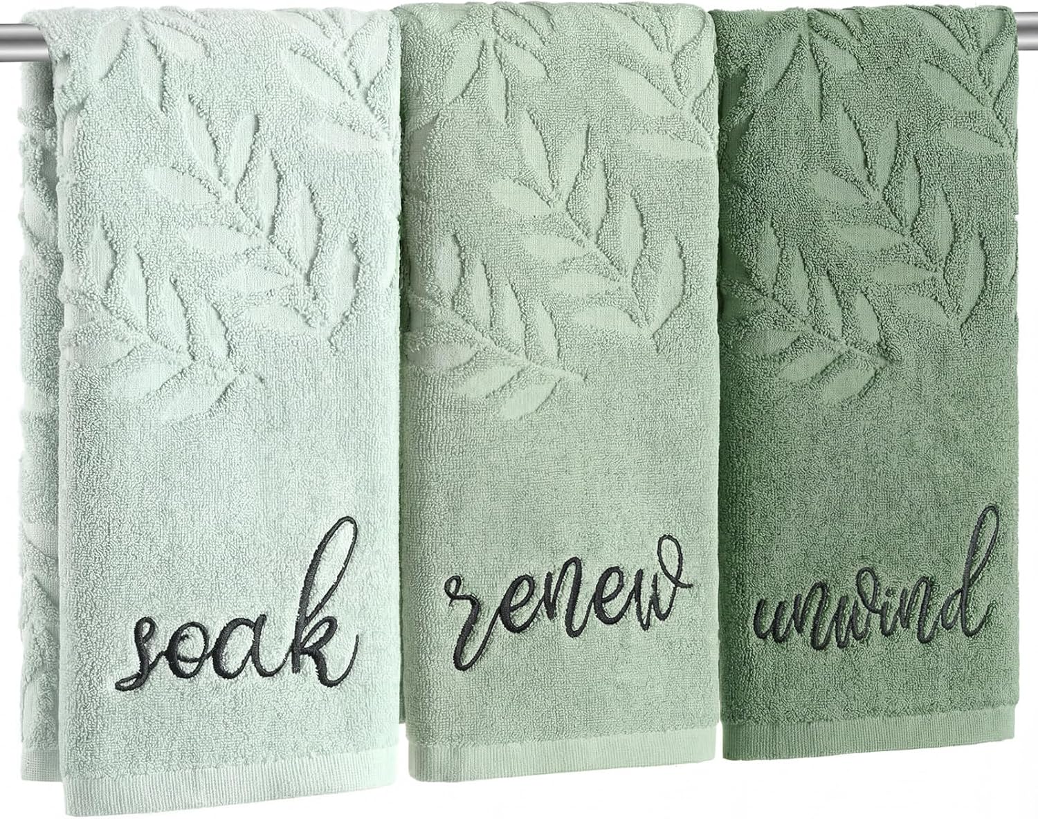 Moukeren 3 Pcs Sage Green Hand Towels for Bathroom 100% Cotton Jacquard Embroidered Soak Unwind Breathe Bath Towels Bathroom Spa Kitchen Dishcloth Gift Set Farmhouse Decorations(Green Leaves)
