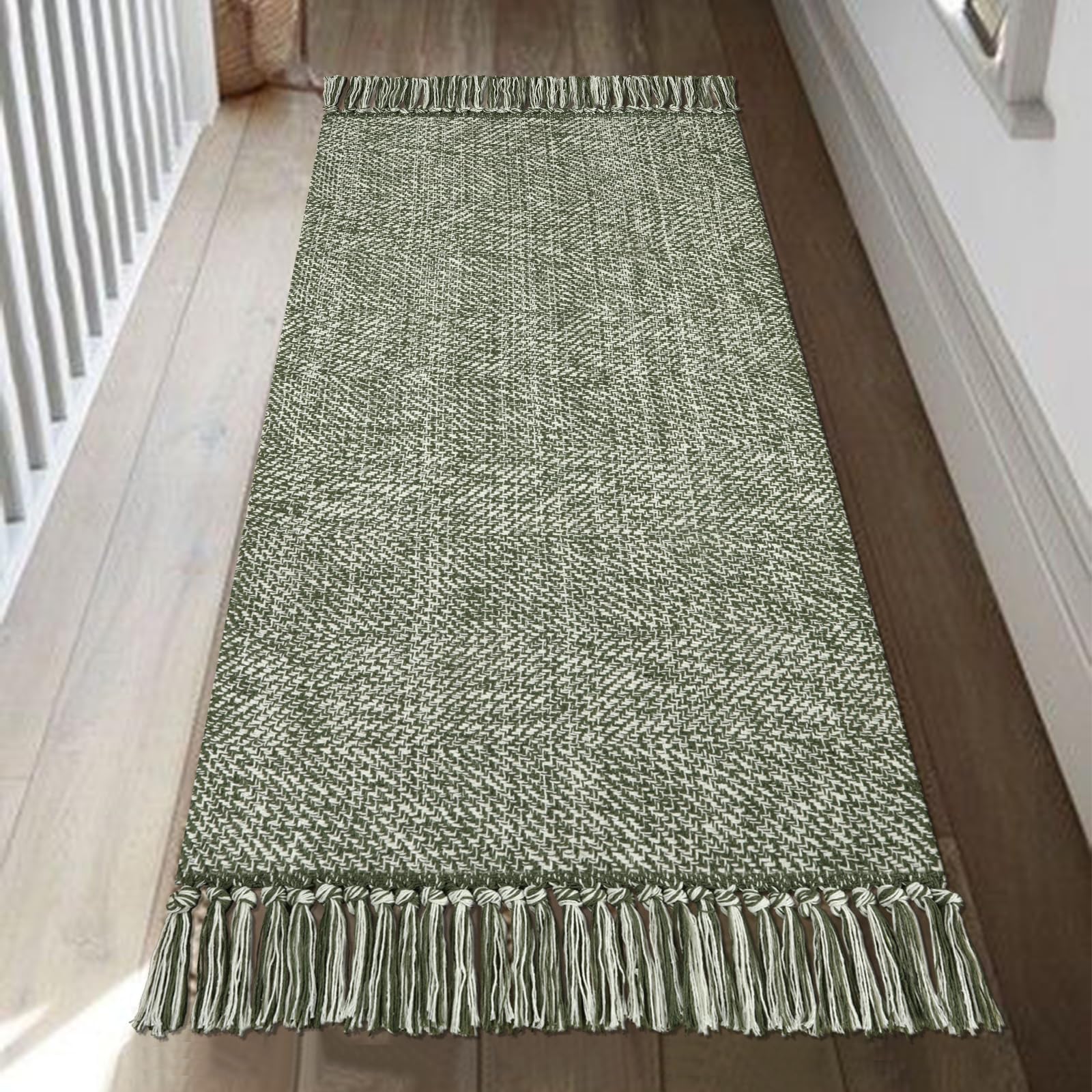 Collive Small Bathroom Rug, 2' x 3' Hand-Woven Low Profile Front Entryway Rug, Olive Green/Cream Cotton Reversible Washable Kitchen Mat Modern Farmhouse Carpet for Foyer Bedroom Back Door Decor