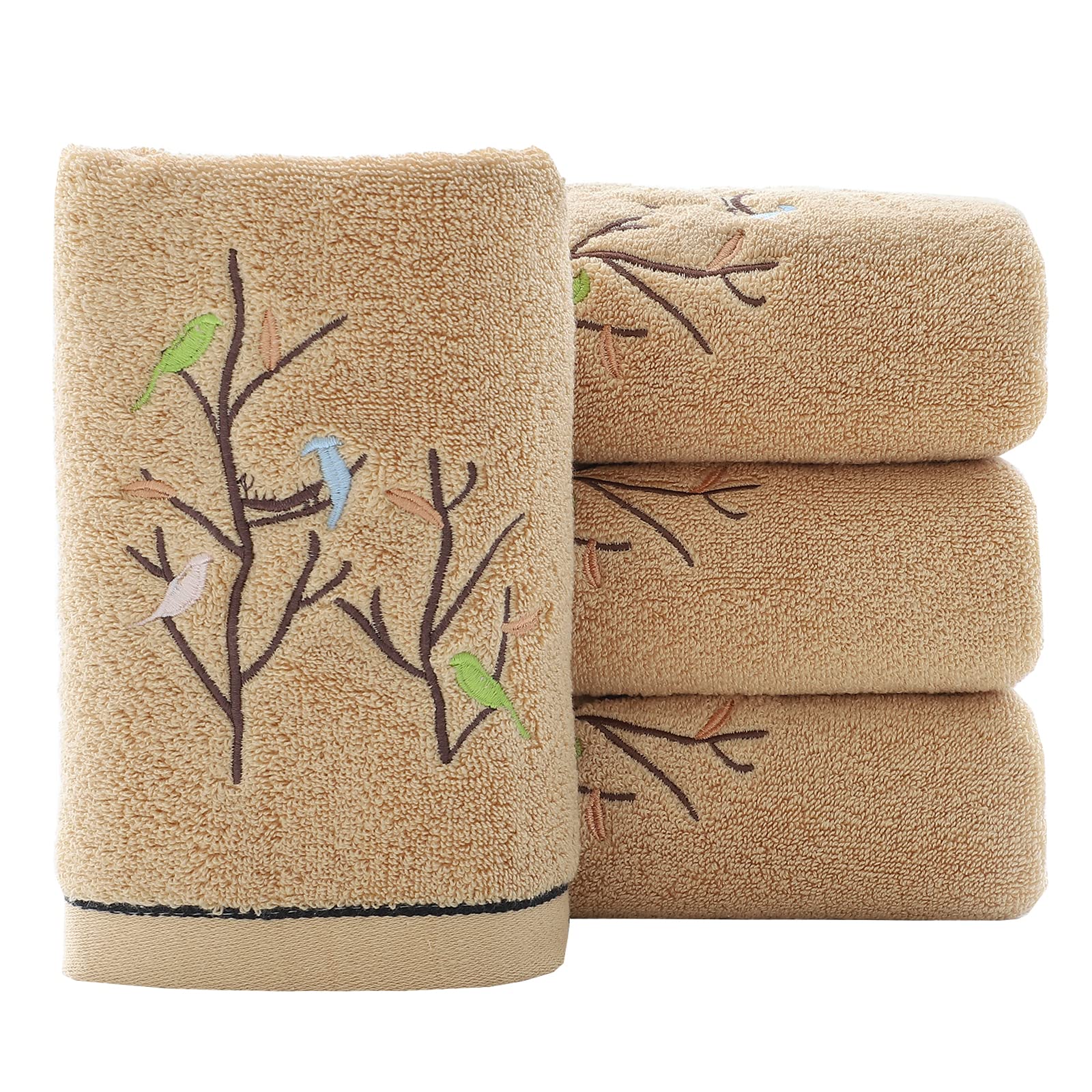 Pidada Hand Towels Set of 4 Embroidered Bird Tree Pattern 100% Cotton Absorbent Soft Decorative Towel for Bathroom (Aqua Green)