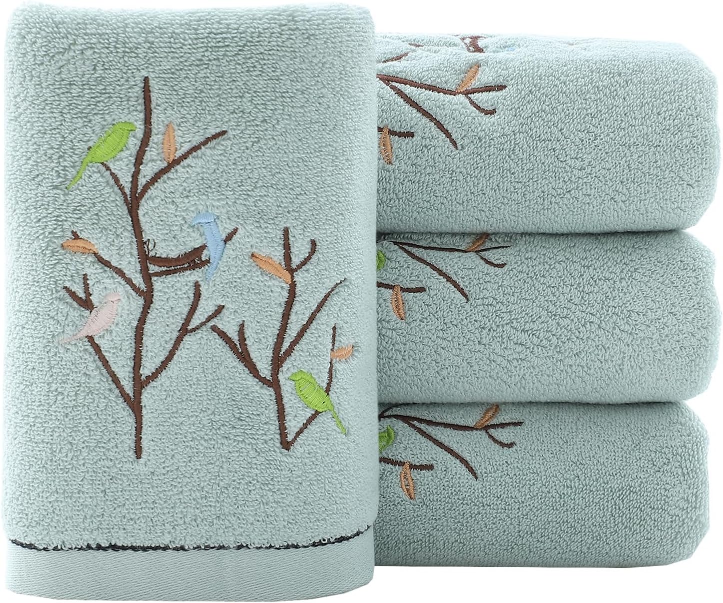 Pidada Hand Towels Set of 4 Embroidered Bird Tree Pattern 100% Cotton Absorbent Soft Decorative Towel for Bathroom (Aqua Green)