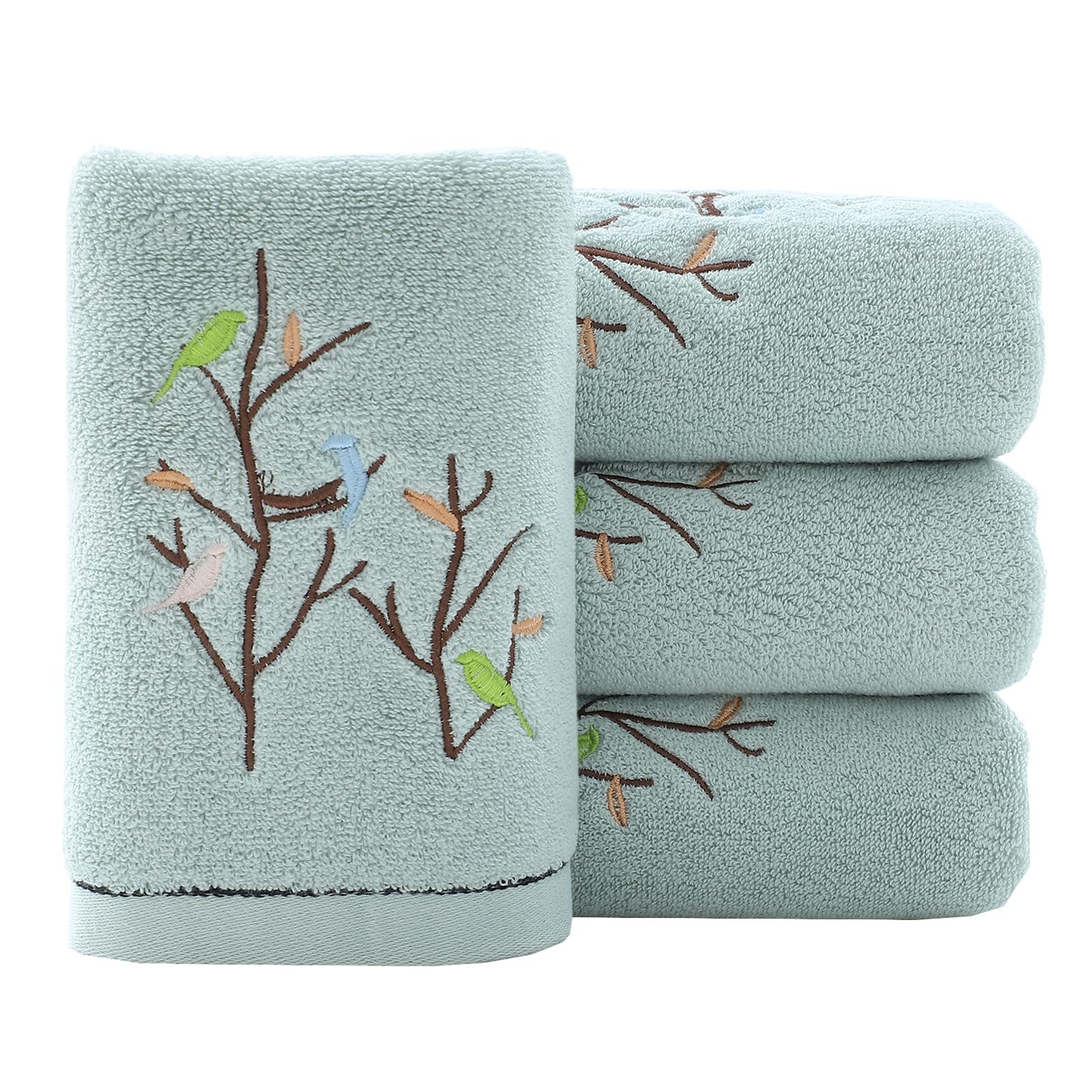 Pidada Hand Towels Set of 4 Embroidered Bird Tree Pattern 100% Cotton Absorbent Soft Decorative Towel for Bathroom (Aqua Green)