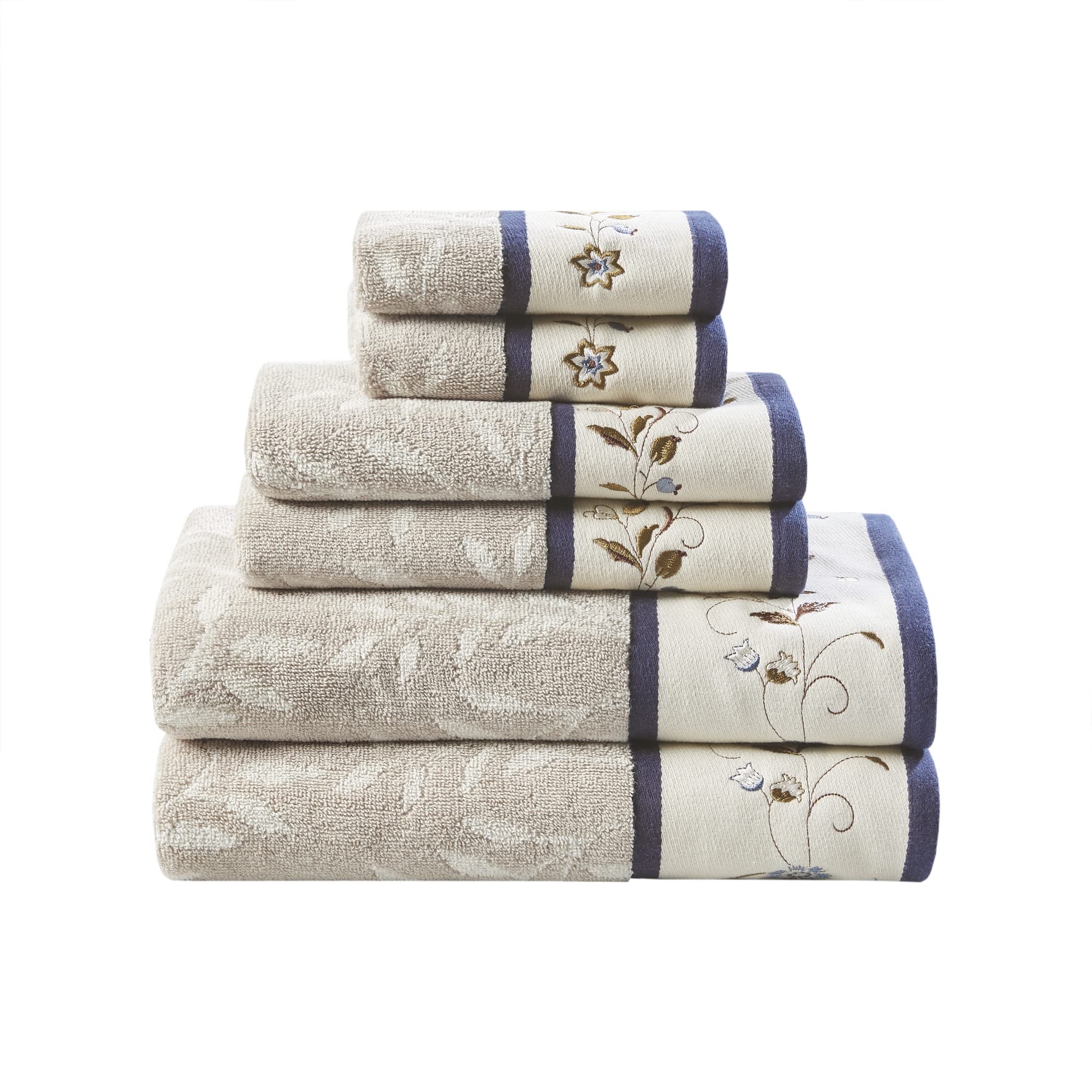 Madison Park Serene 100% Cotton Bath Towel Set Luxurious Floral Decorative Towels for Bathroom Embroidered Cotton Jacquard Design Soft Highly Absorbent for Shower 600 GSM, Multi-Sizes, Green 6 Piece