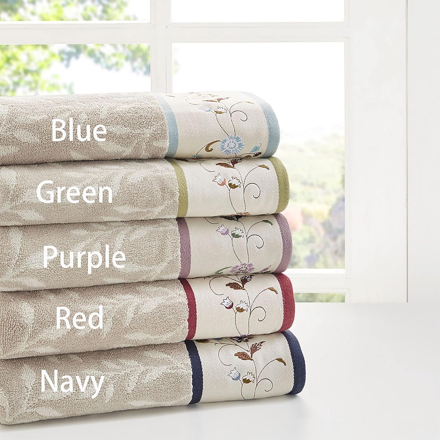 Madison Park Serene 100% Cotton Bath Towel Set Luxurious Floral Decorative Towels for Bathroom Embroidered Cotton Jacquard Design Soft Highly Absorbent for Shower 600 GSM, Multi-Sizes, Green 6 Piece