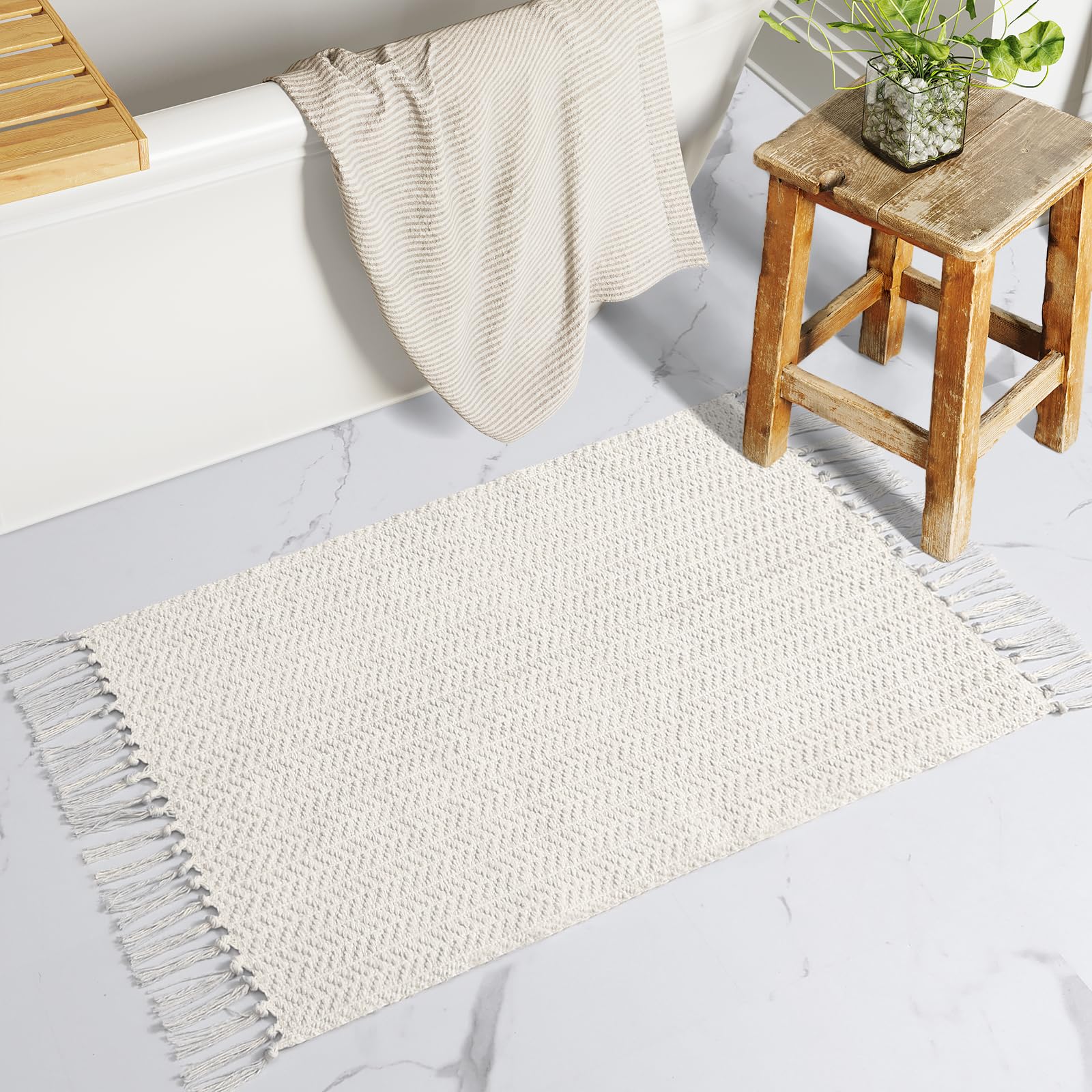 Lahome Belle Boho Entryway Rug, 3x5 Rugs for Bedroom Lightweight Washable Throw Rug Woven Cotton Bathroom Carpet with Tassels, Farmhouse Black and White Rugs for Living Room Kitchen Office Dorm