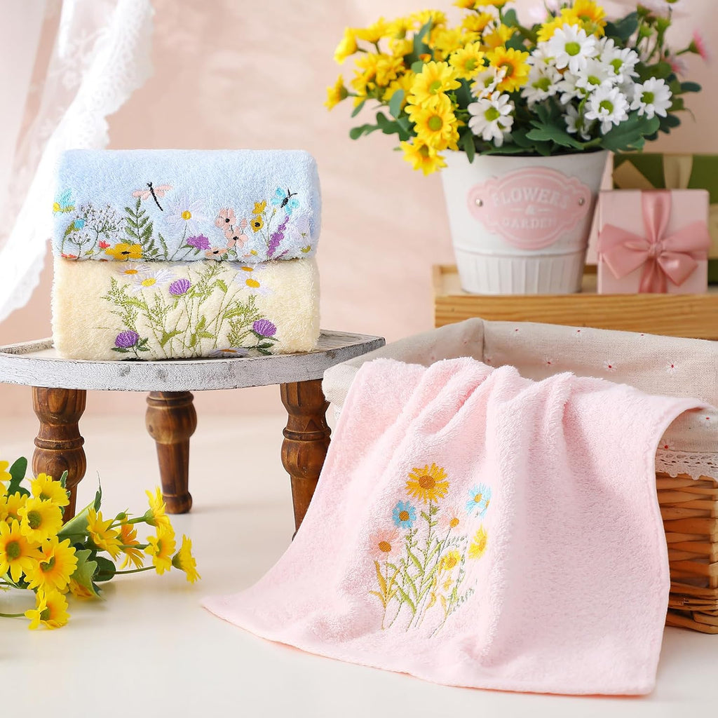 Wildflower Hand Towels Farmhouse Pink Blue Yellow Wildflower Bathroom Decor 14x29 Inch Embroidered Decorative Cute Spring Summer Cotton Soft Absorbent Towels for Bathroom Kitchen