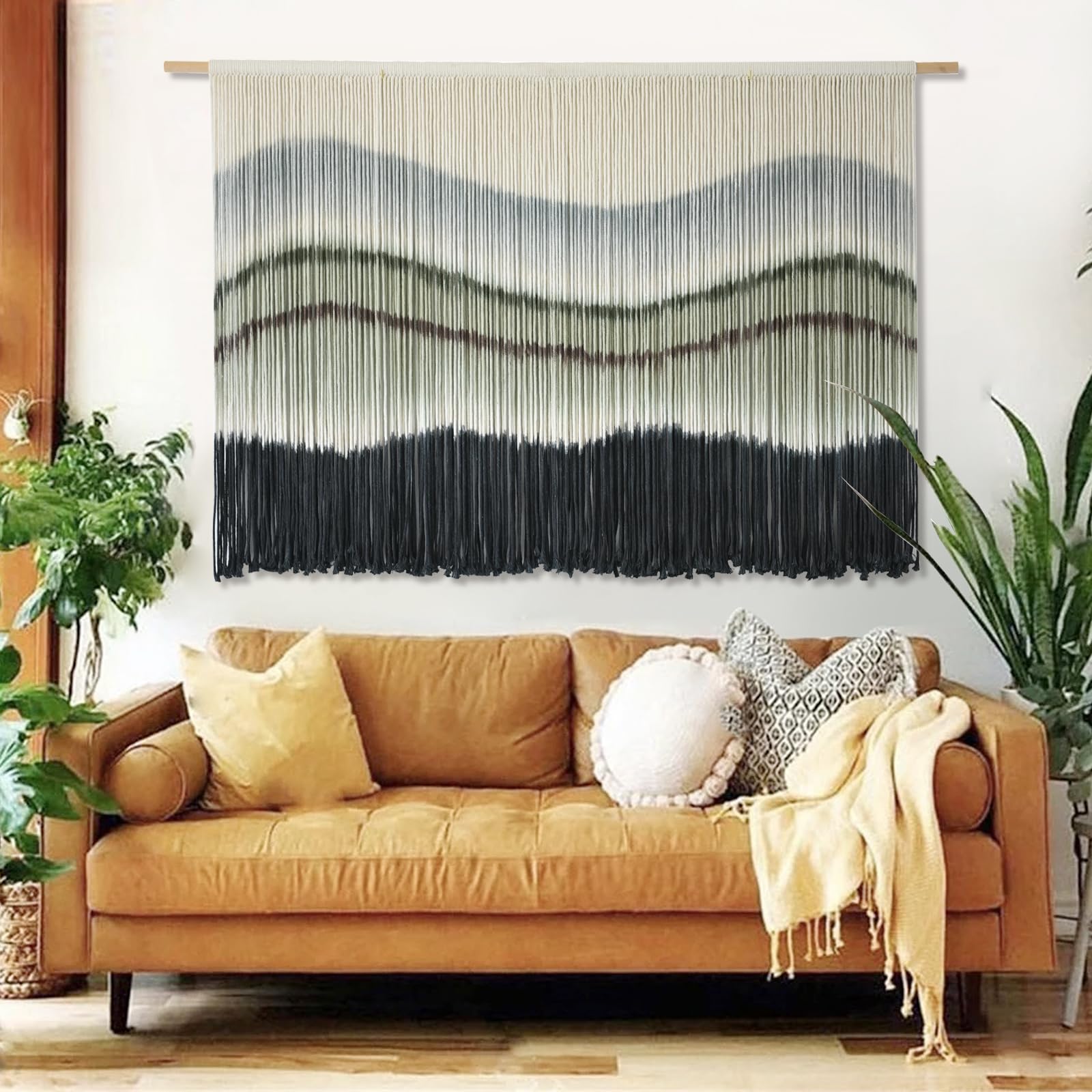 Flber Large Macrame Wall Hanging – Boho Yarn Art Garland with Tassels and Beads, Handmade Rope Decor for Nursery, Party, Wedding, Bedroom, Fireplace Mantel, or Photo Backdrop 57" W x 41" L