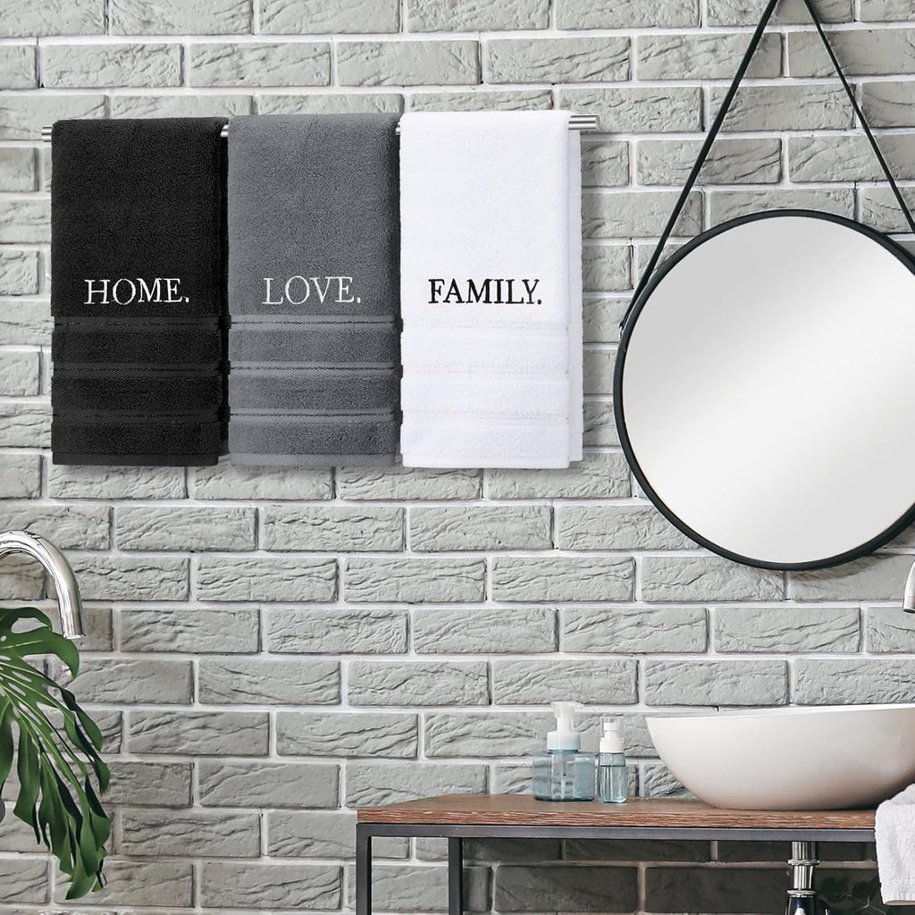 3 Pcs Farmhouse Decorative Hand Towels for Bathroom and Kitchen Rustic Embroidered Cotton Hand Towels Decorative Set for Boho Bathroom Decor(Black,Home Love Family)