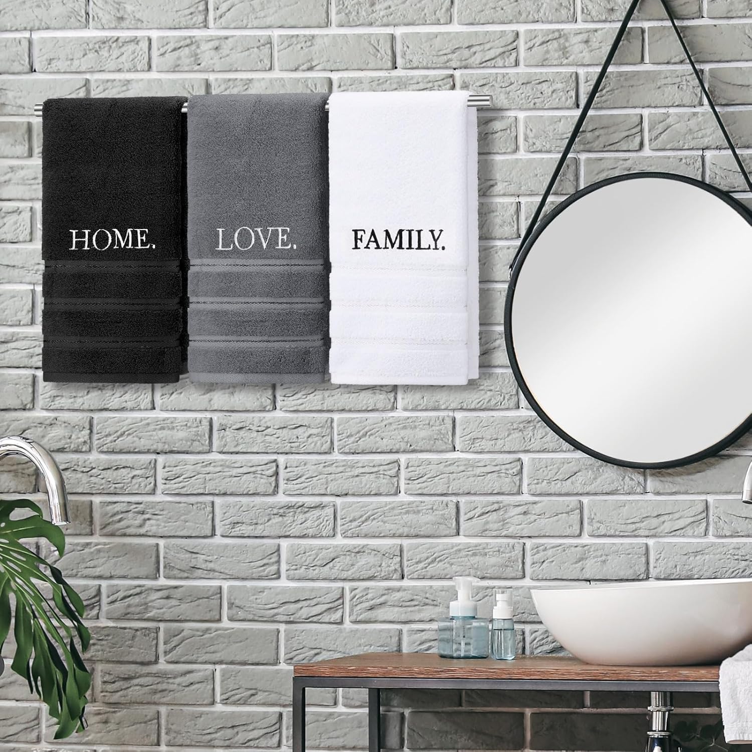 3 Pcs Farmhouse Decorative Hand Towels for Bathroom and Kitchen Rustic Embroidered Cotton Hand Towels Decorative Set for Boho Bathroom Decor(Black,Home Love Family)