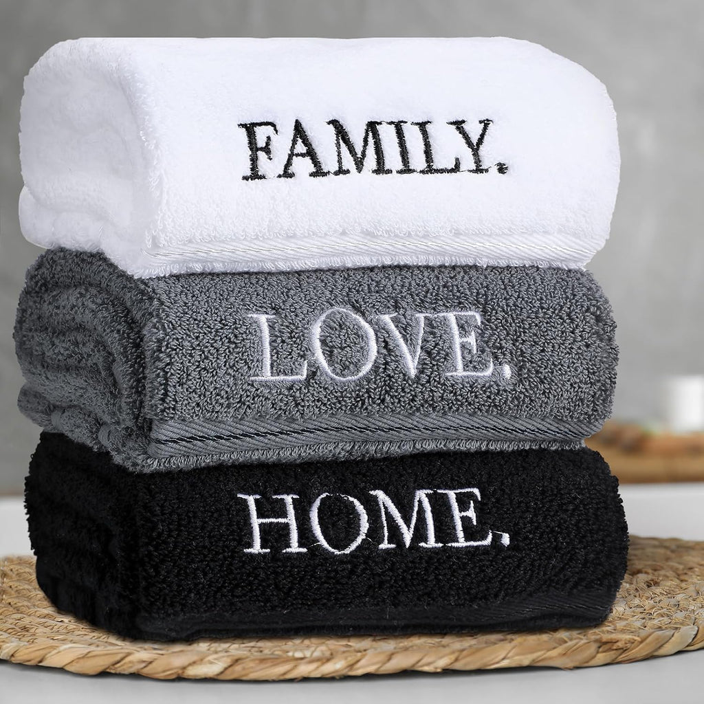 3 Pcs Farmhouse Decorative Hand Towels for Bathroom and Kitchen Rustic Embroidered Cotton Hand Towels Decorative Set for Boho Bathroom Decor(Black,Home Love Family)