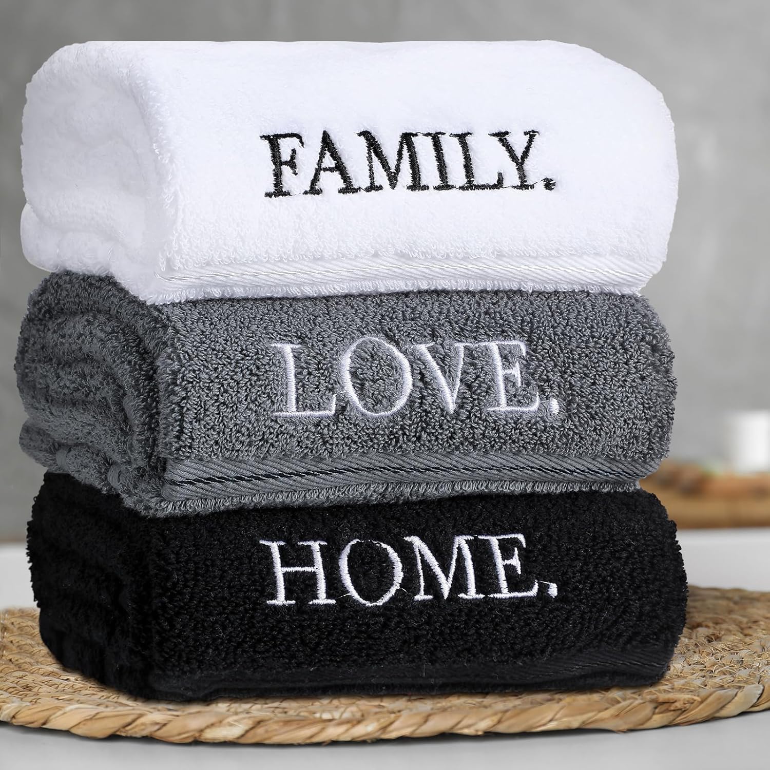 3 Pcs Farmhouse Decorative Hand Towels for Bathroom and Kitchen Rustic Embroidered Cotton Hand Towels Decorative Set for Boho Bathroom Decor(Black,Home Love Family)